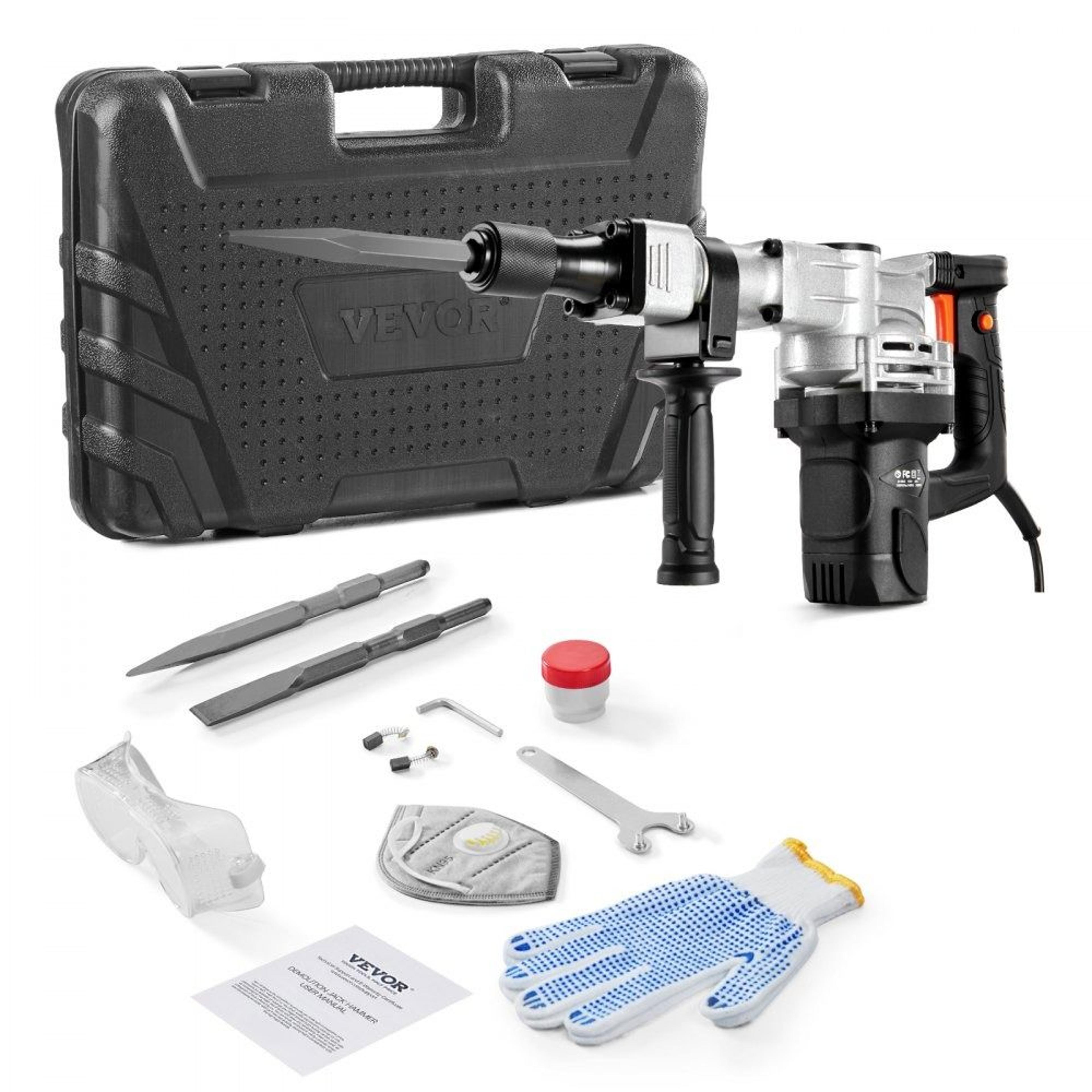 1400w heavy duty demolition jack hammer electric concrete breaker with chisels and carry case