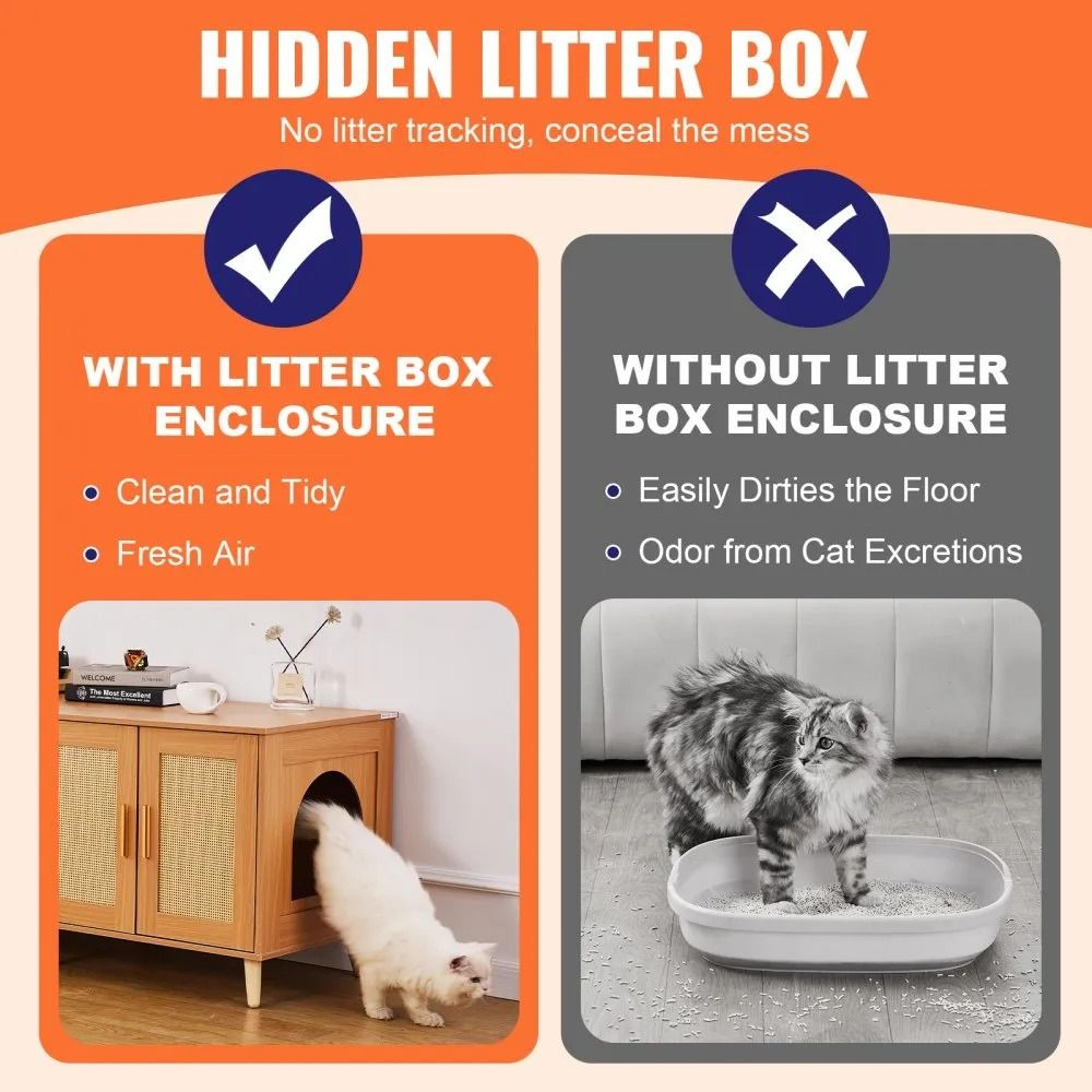 Hidden Cat Litter Box Enclosure Furniture Cabinet With Rattan Doors For 2 Cats 5