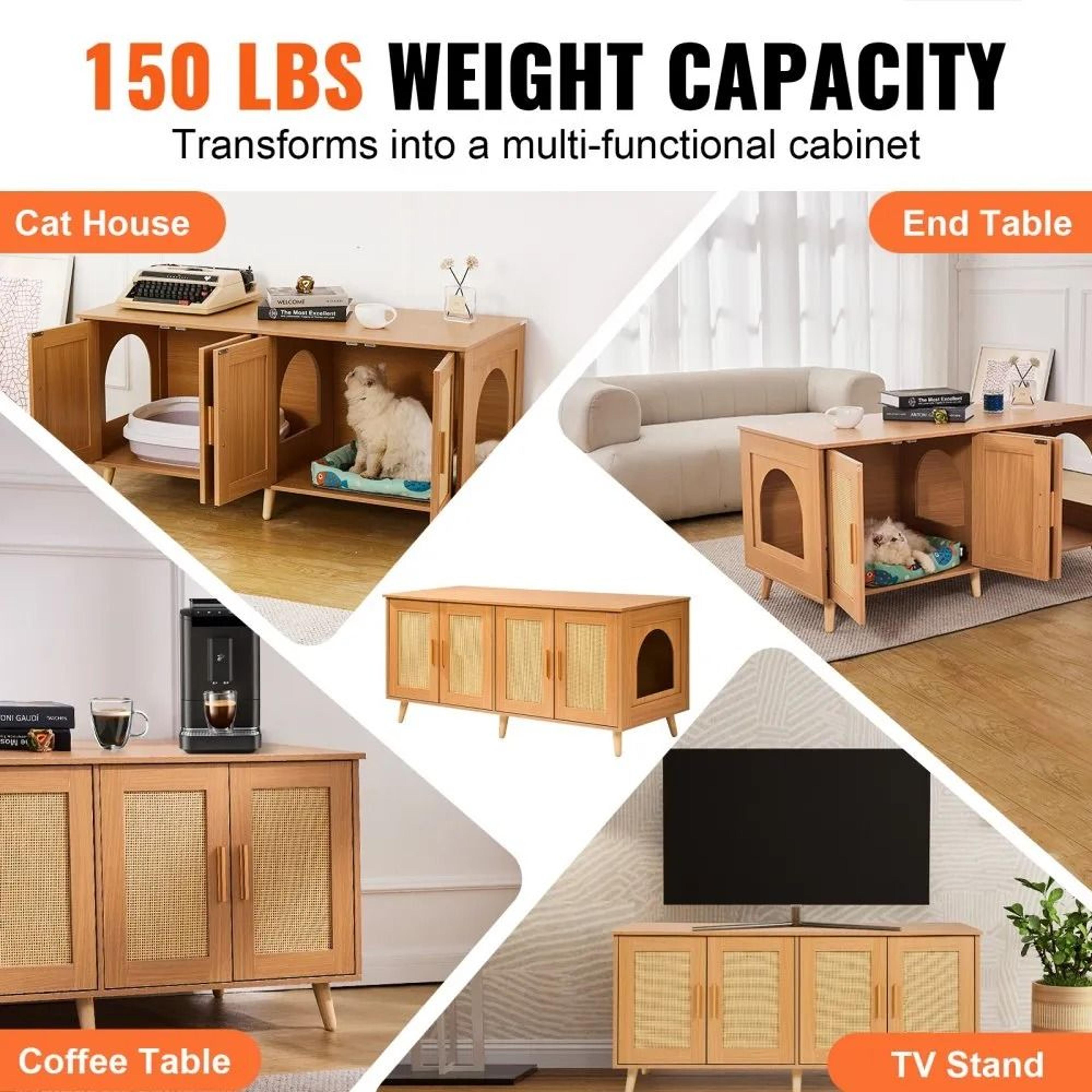 Hidden Cat Litter Box Enclosure Furniture Cabinet With Rattan Doors For 2 Cats 4