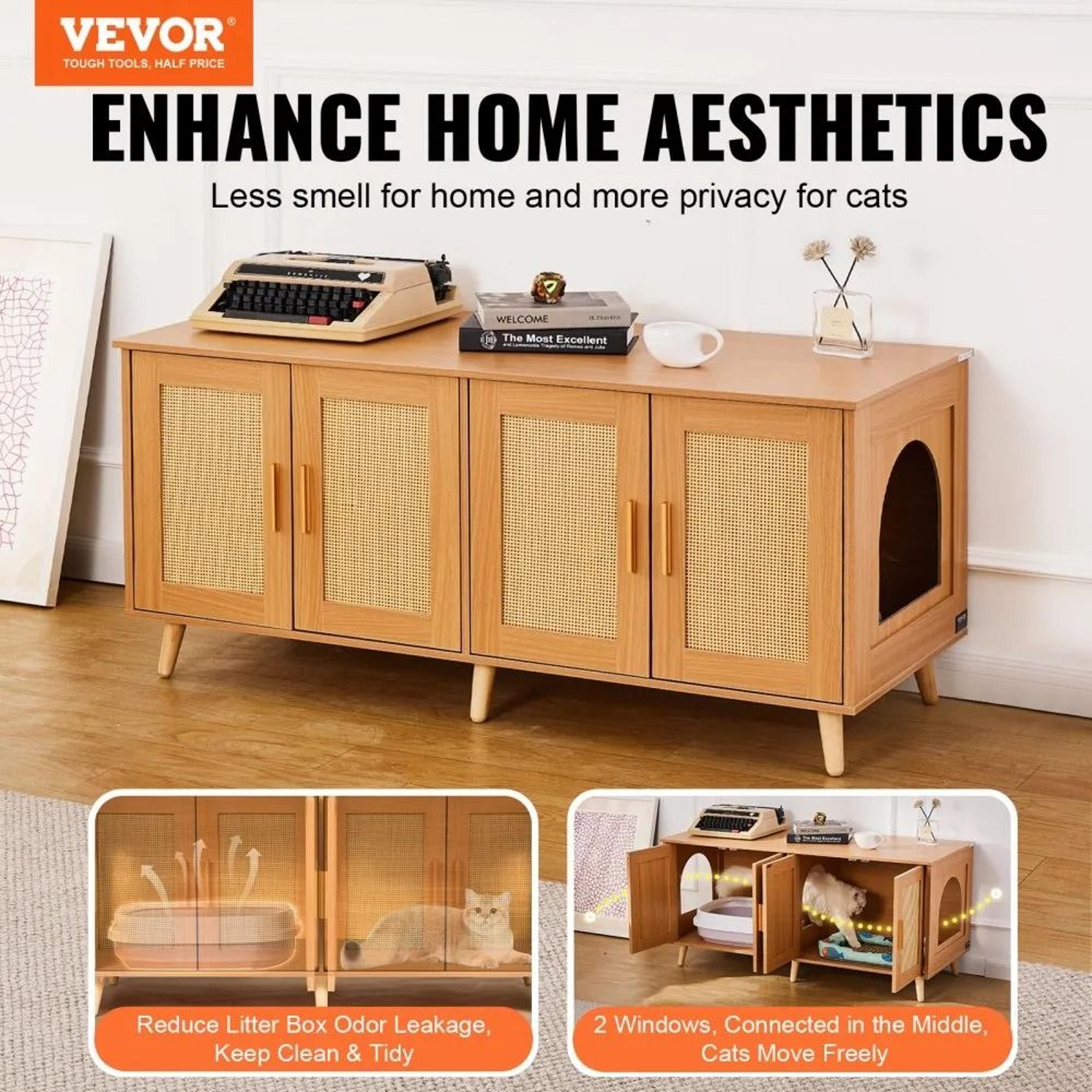Hidden Cat Litter Box Enclosure Furniture Cabinet With Rattan Doors For 2 Cats 6