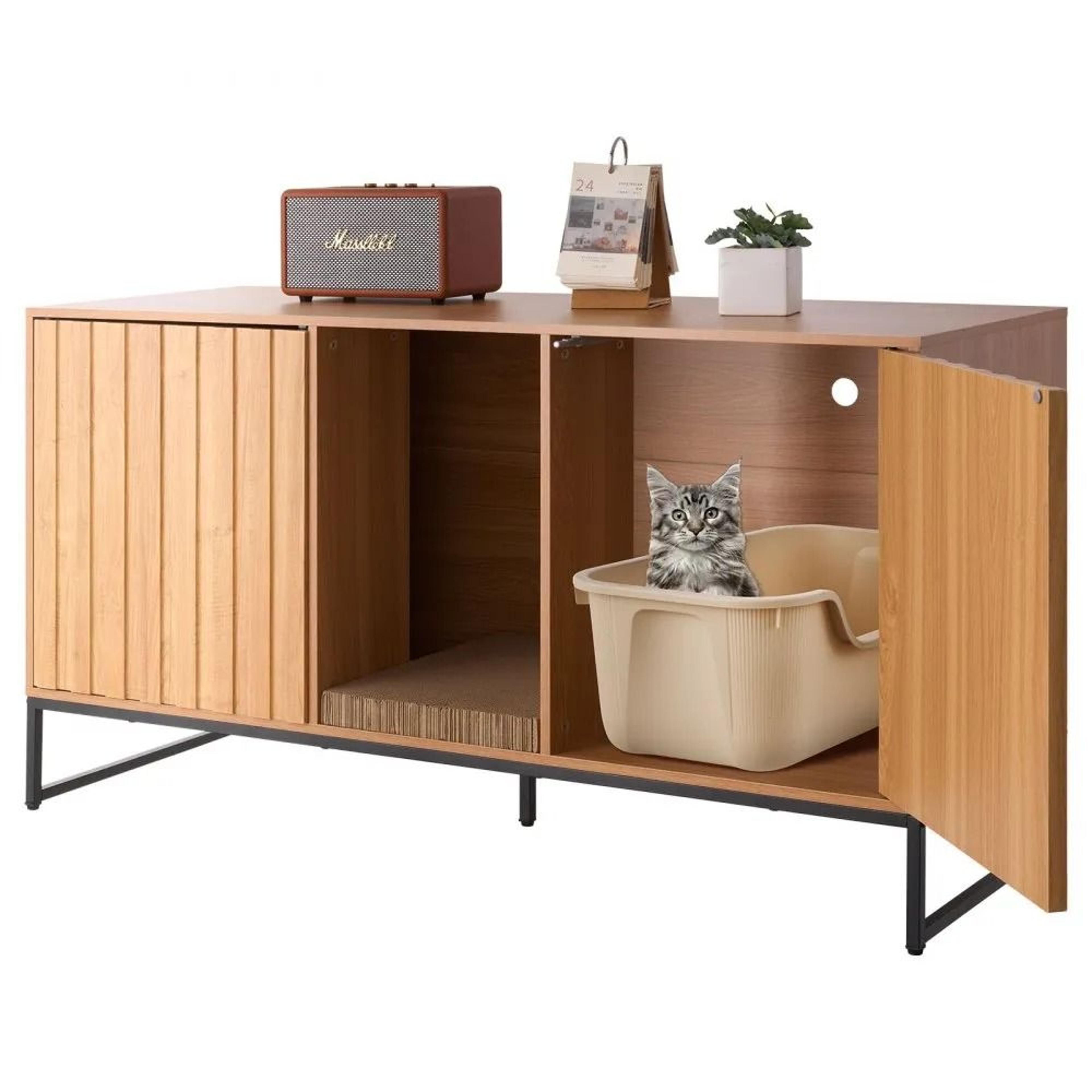 hidden cat litter box enclosure furniture with storage and scratch pad