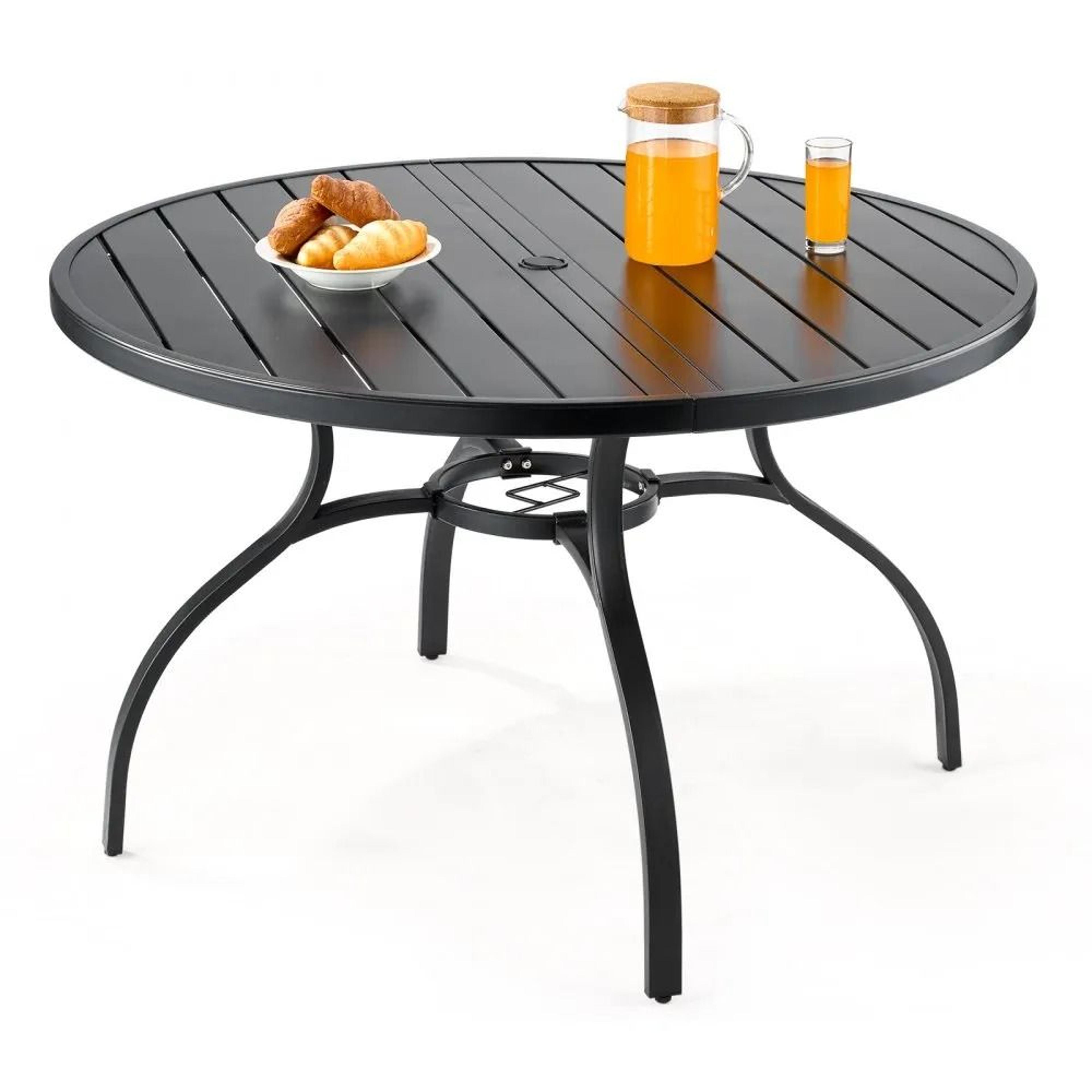 47 inch outdoor patio dining table metal steel slat round garden table with umbrella hole