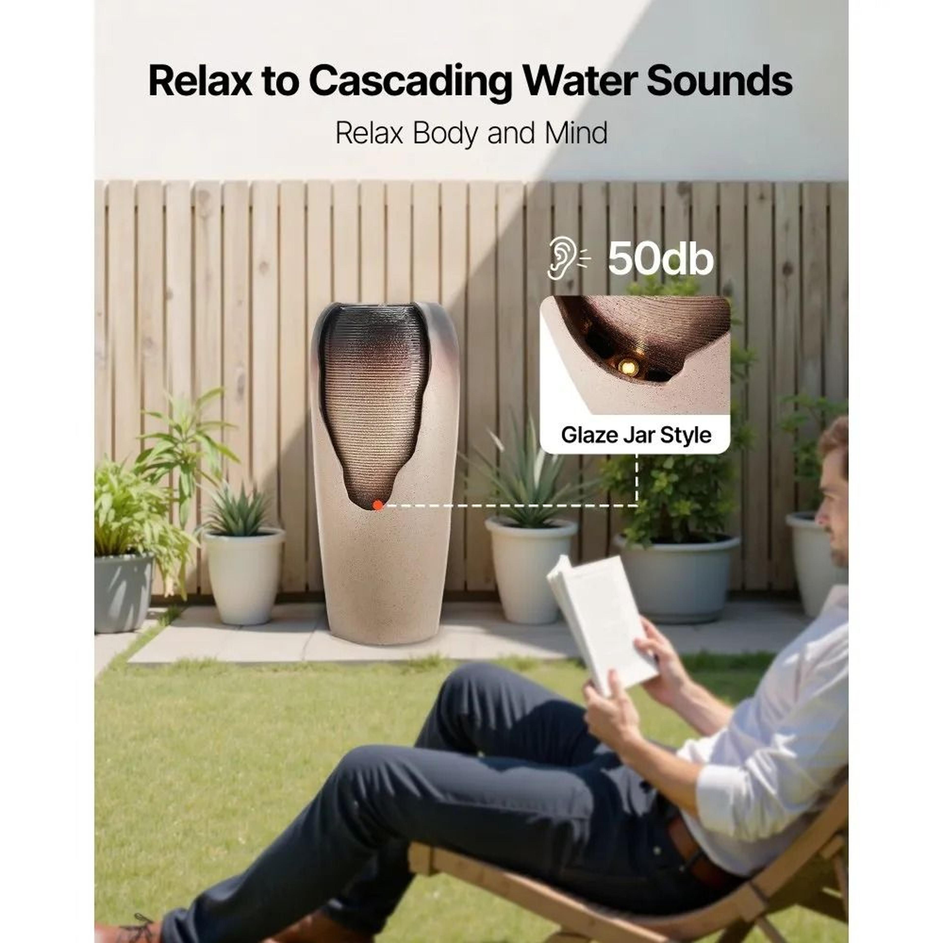 Outdoor Water Fountain With LED Light Glazed Jar Garden Waterfall 3