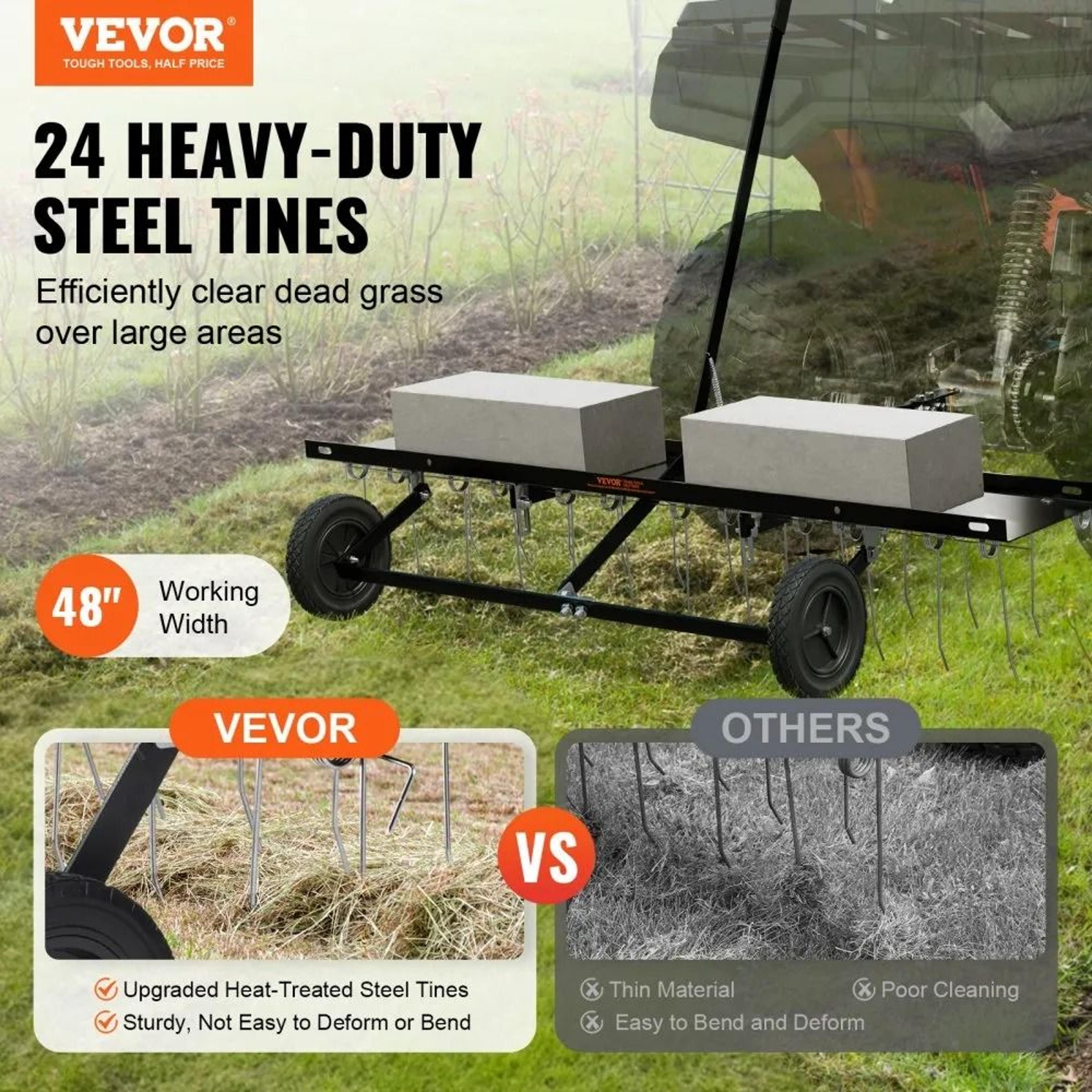 48 Inch Tow Behind Lawn Dethatcher With 24 Steel Tines For ATV And Mower 1