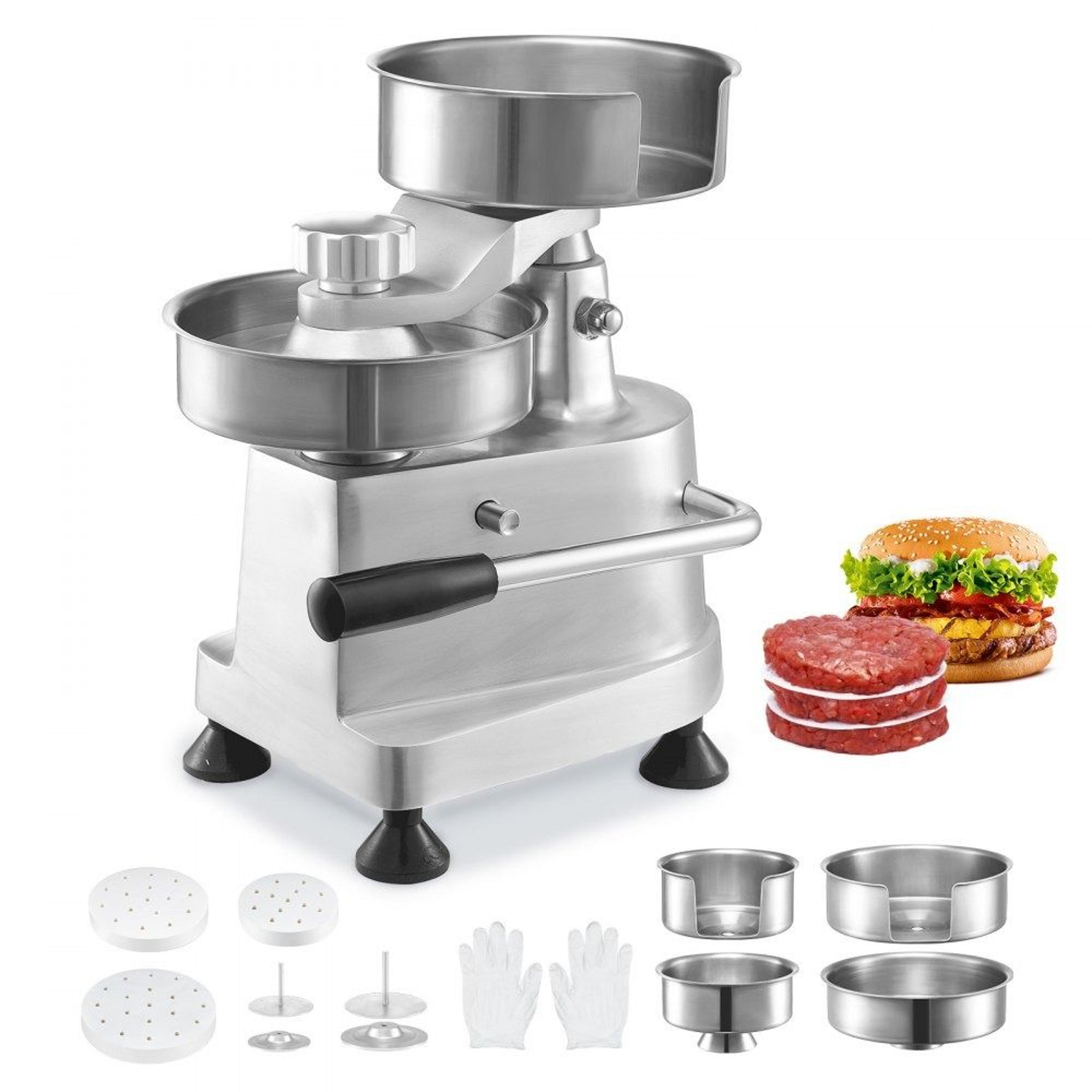 commercial burger patty press with 3 interchangeable molds and 1500 patty papers