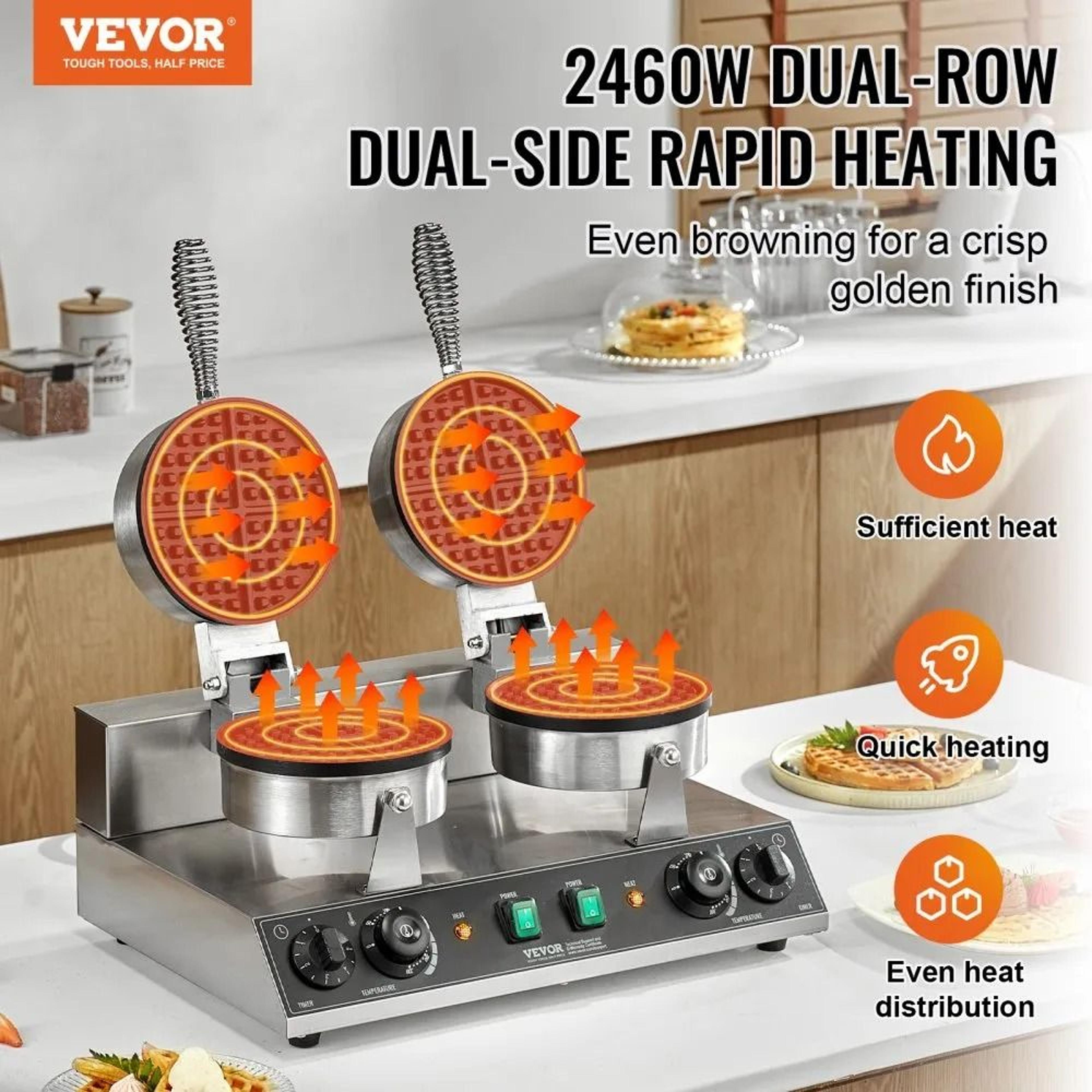 Commercial Belgian Waffle Maker Dual Head 2460W Non Stick Round Waffle Iron 1