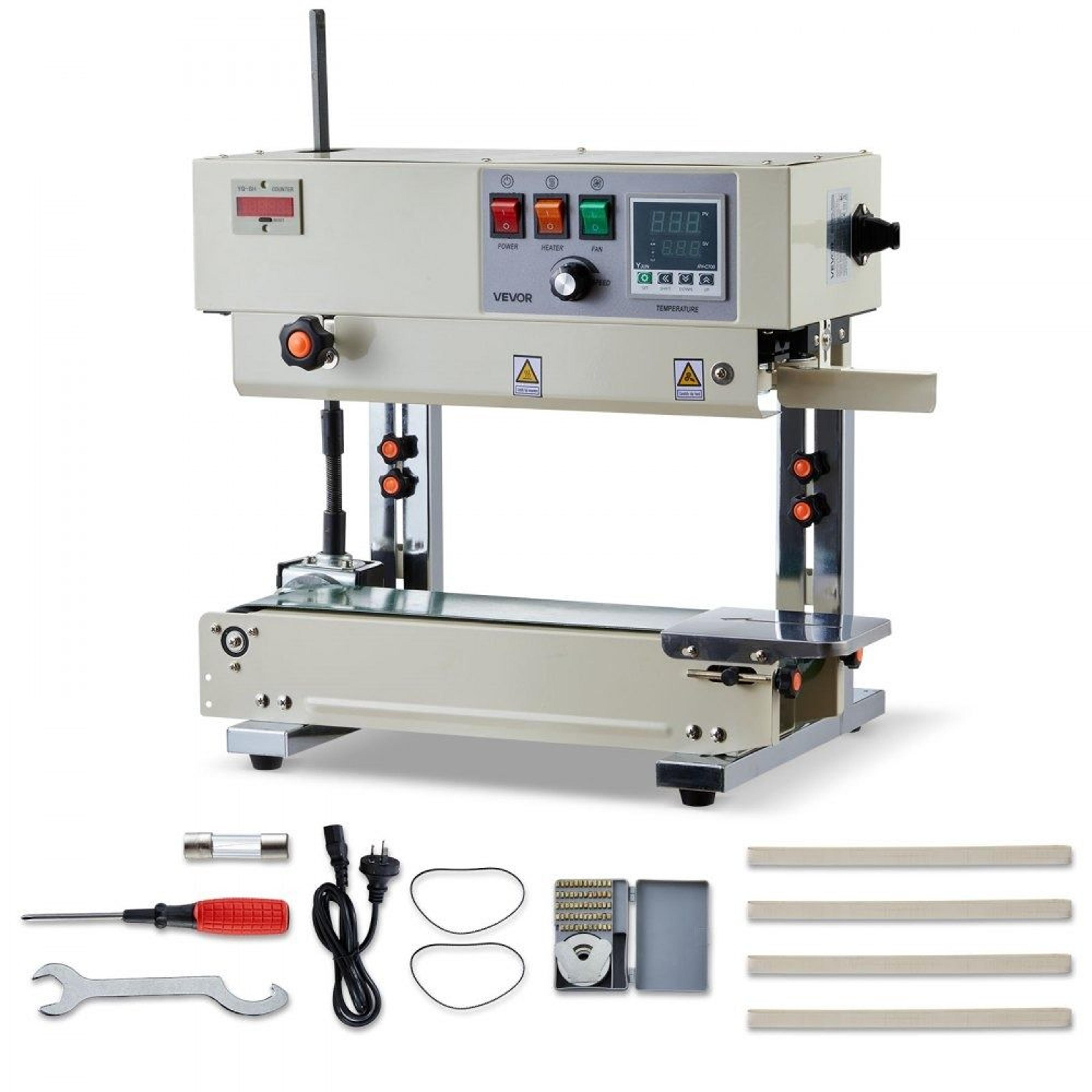 continuous band sealer machine with adjustable heat and date printing for plastic bags