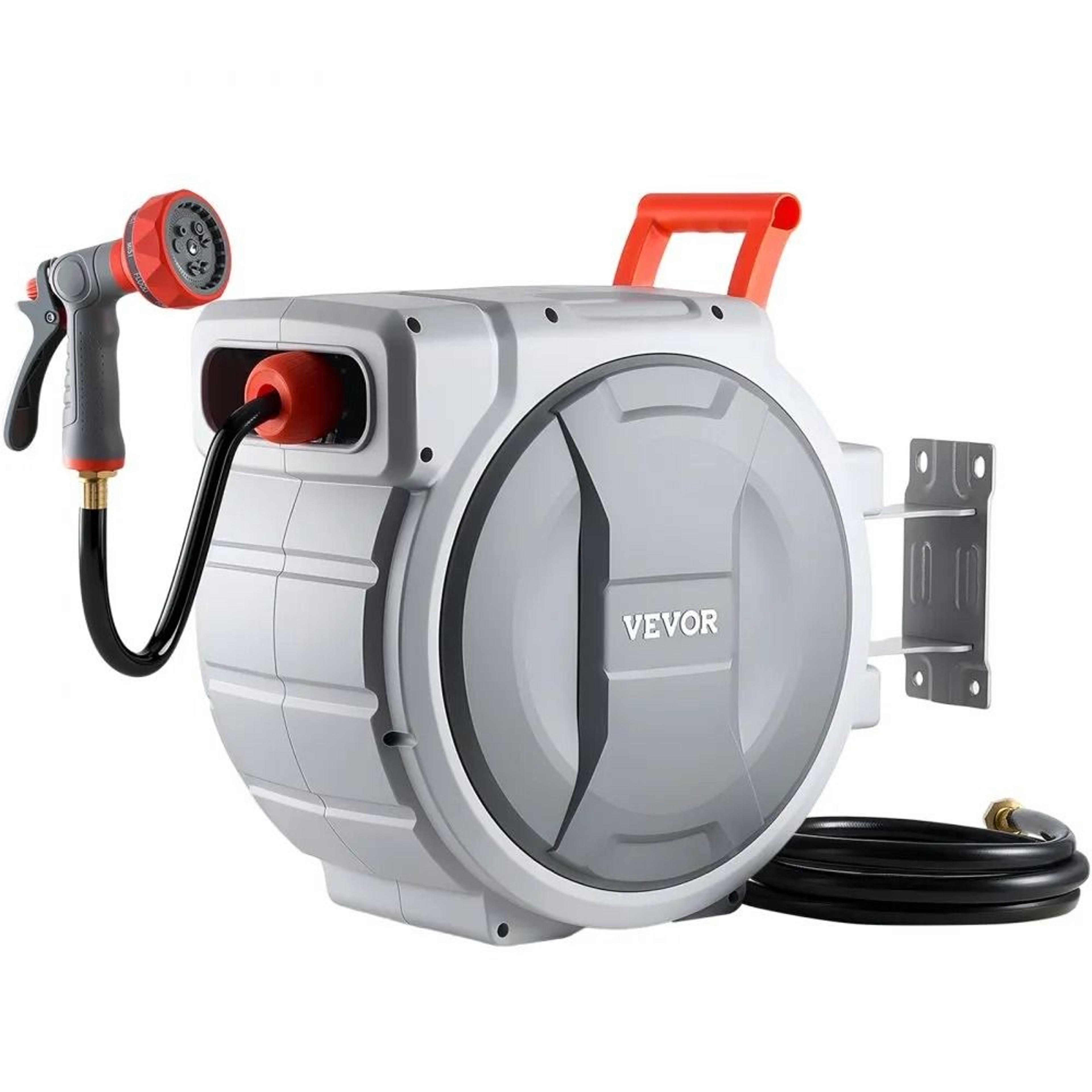 retractable garden hose reel 100 ft wall mounted with auto rewind and 9 spray nozzle