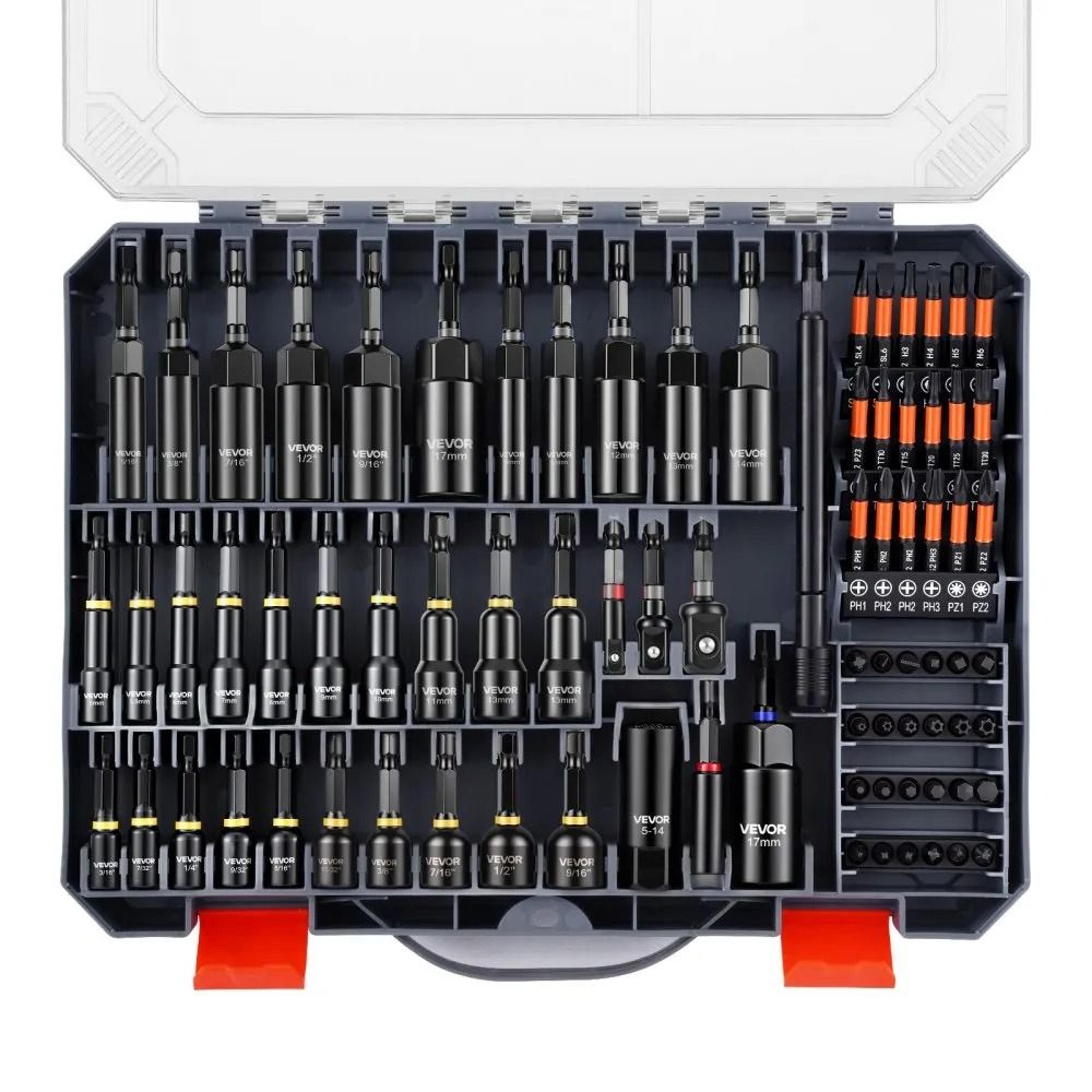 80 piece magnetic impact nut driver set with metric sae sizes and storage case