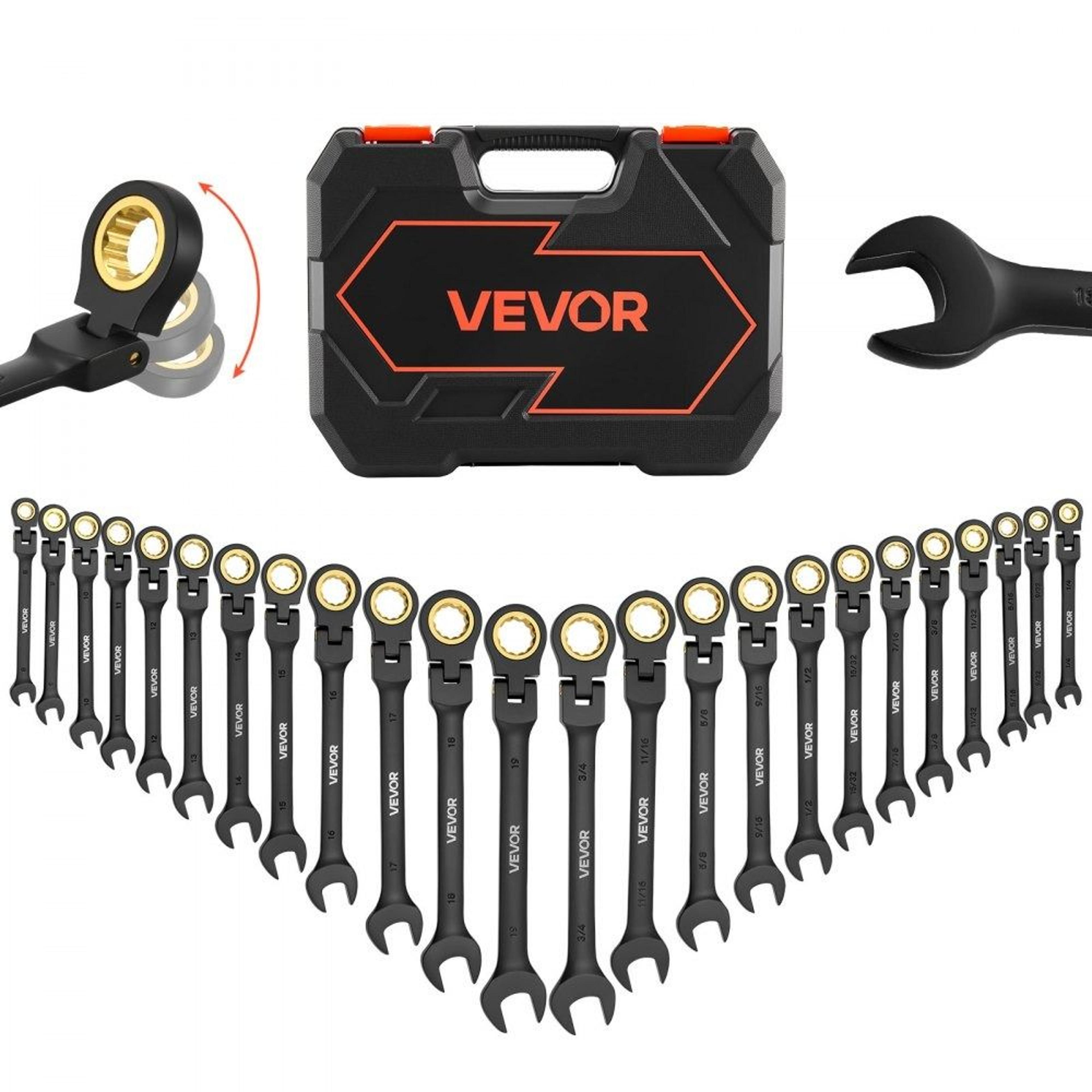24 piece flex head ratcheting wrench set sae metric 72 tooth cr-v steel