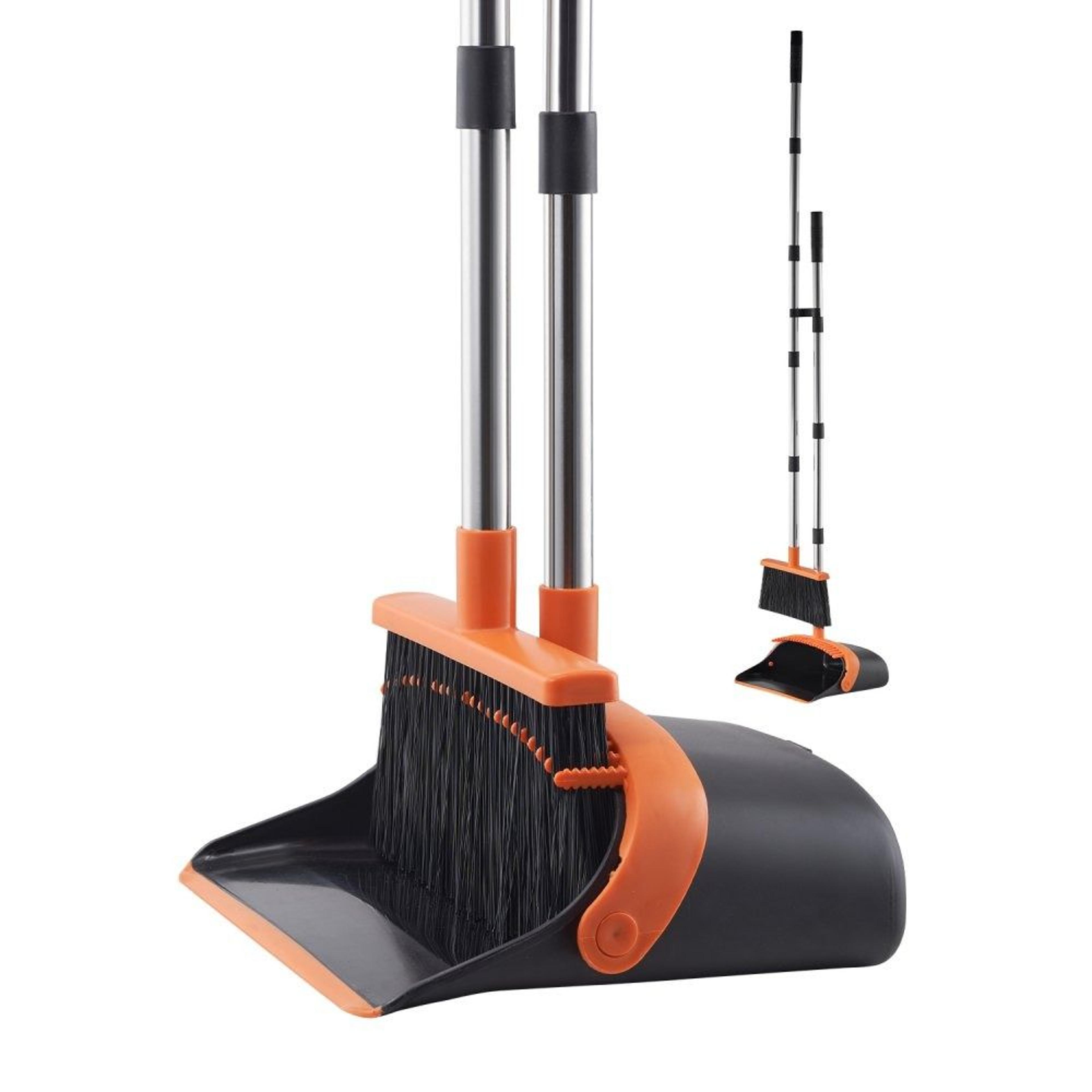 heavy duty broom and dustpan set with self cleaning teeth long handle