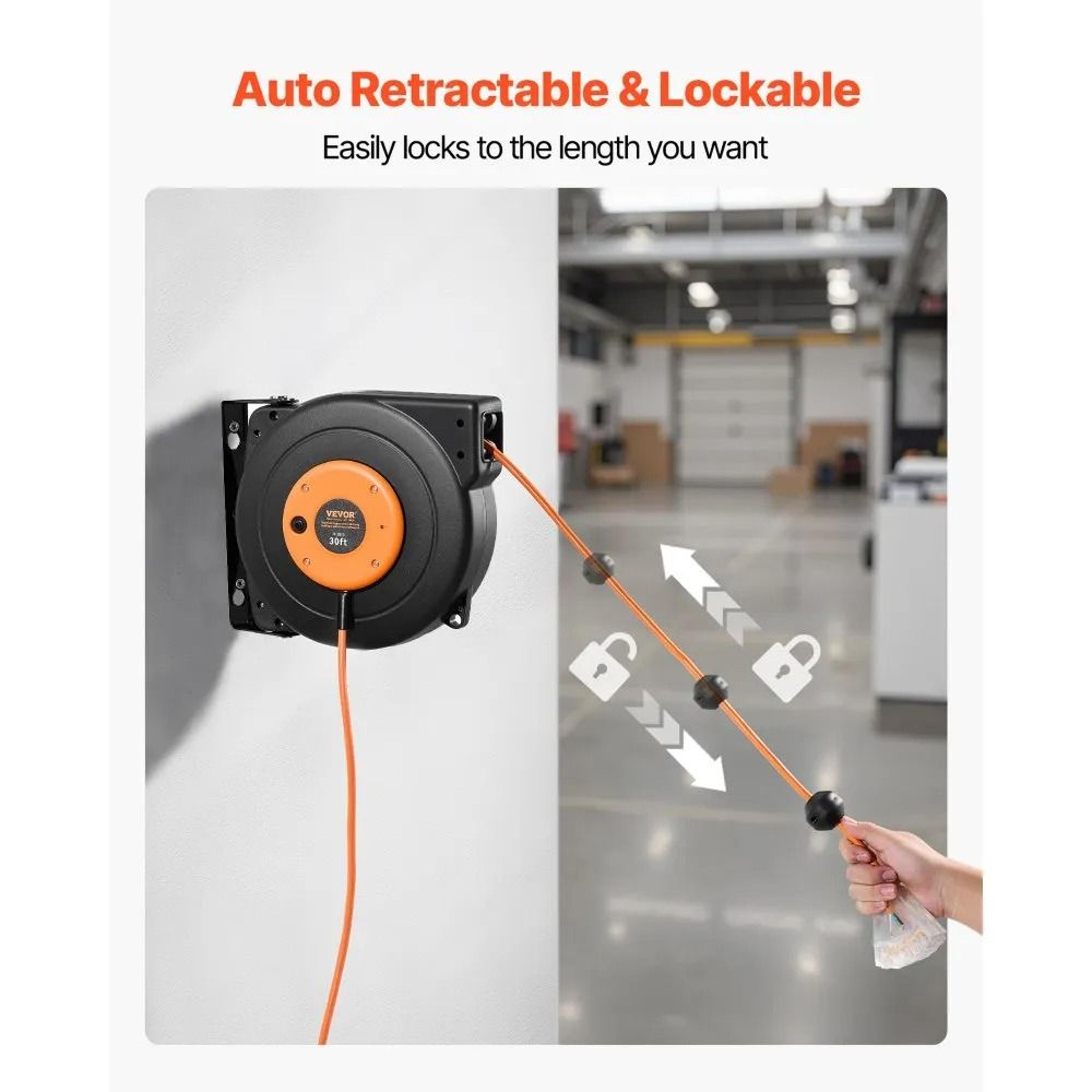 Retractable Extension Cord Reel 30 FT Heavy Duty Power Cord With Triple Outlet 3