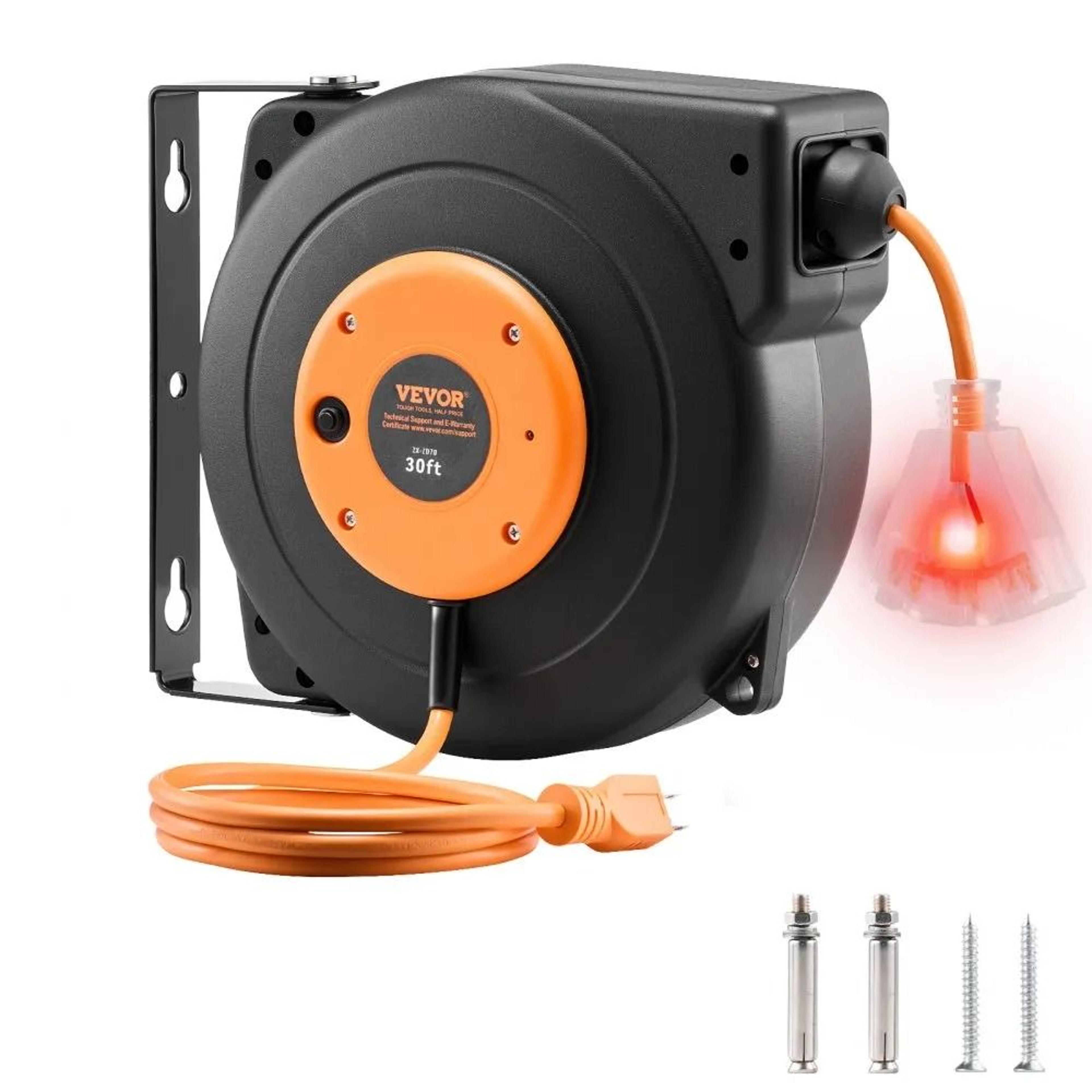 retractable extension cord reel 30 ft heavy duty power cord with triple outlet