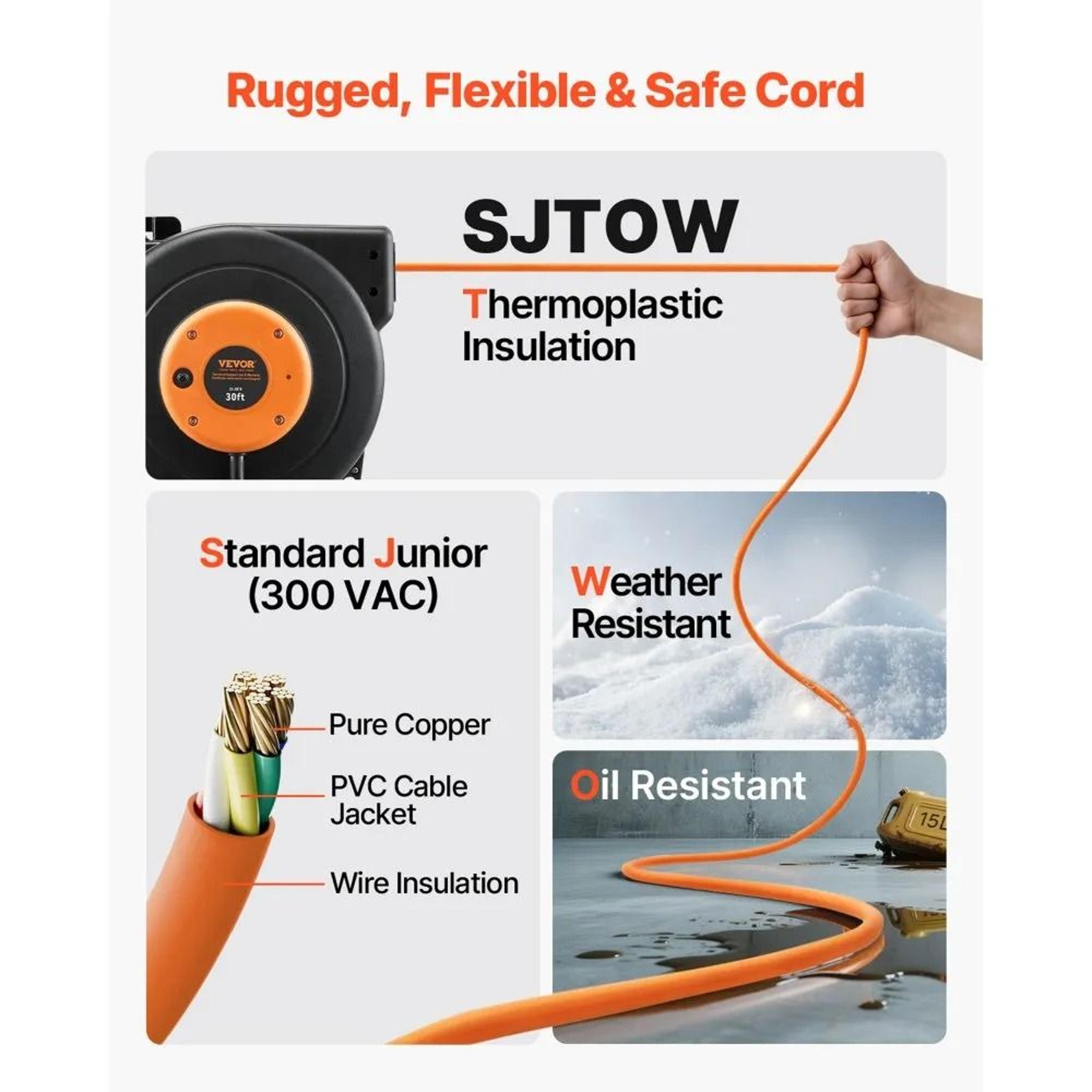 Retractable Extension Cord Reel 30 FT Heavy Duty Power Cord With Triple Outlet 4