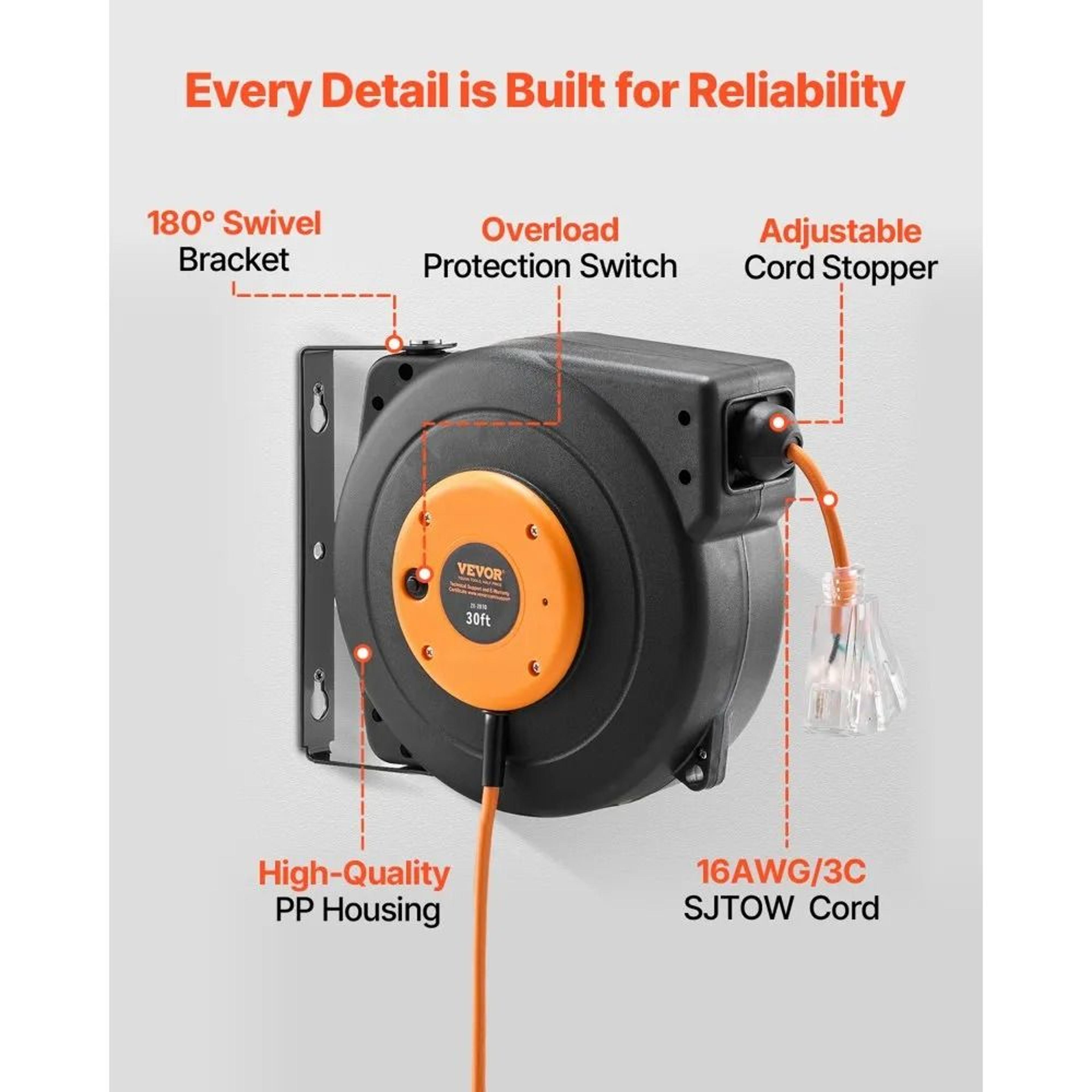 Retractable Extension Cord Reel 30 FT Heavy Duty Power Cord With Triple Outlet 5