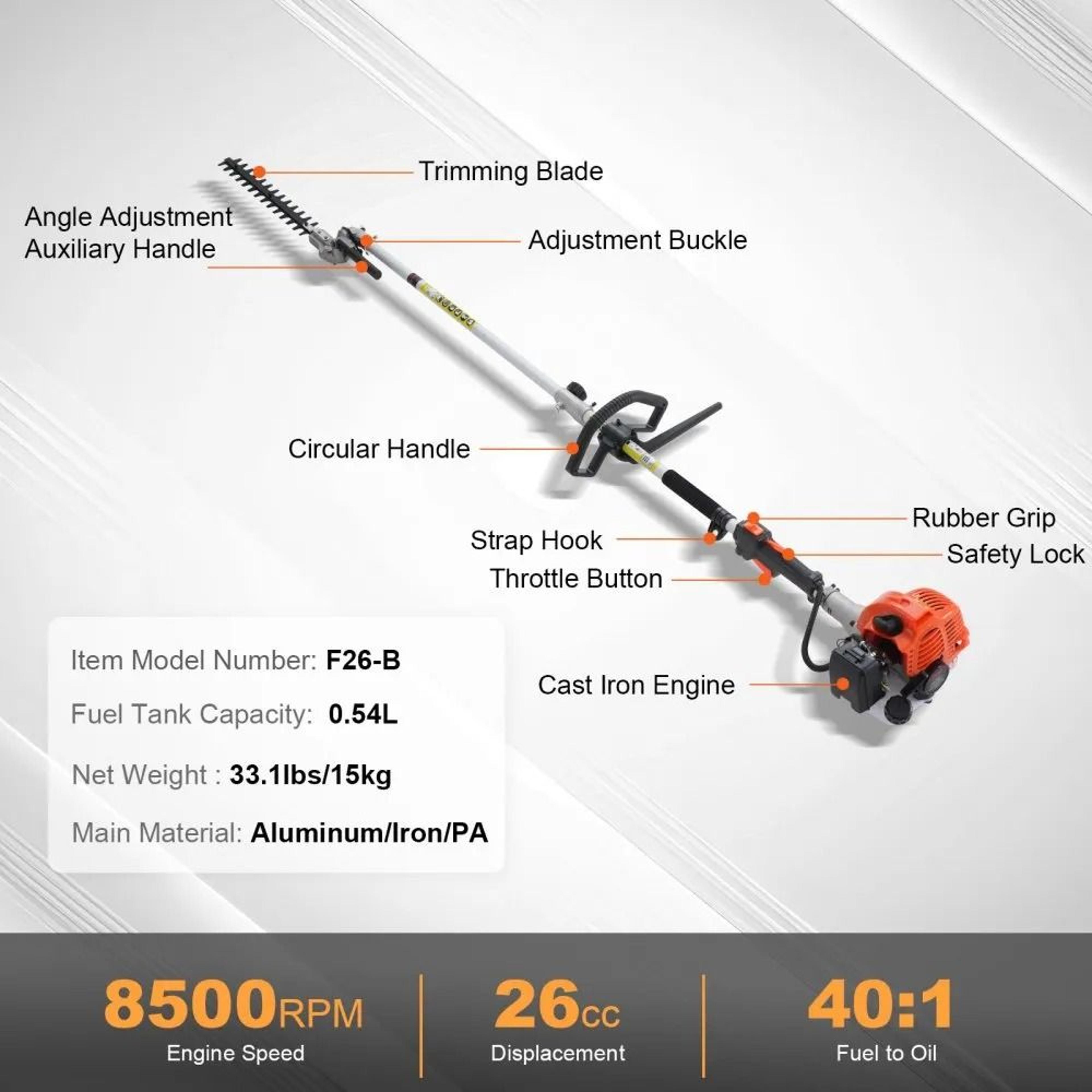 26CC 5 In 1 Gas Hedge Trimmer And Multi Tool Yard Care System 4