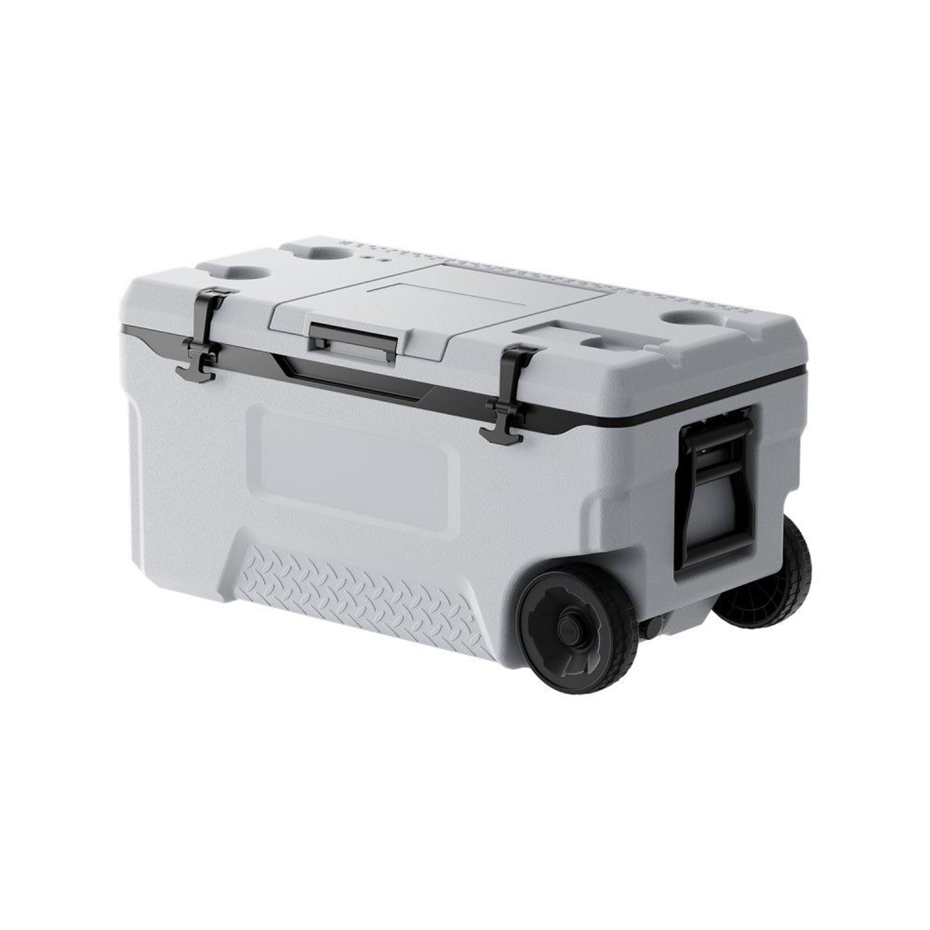 74 qt wheeled portable cooler with ice retention and cup holder