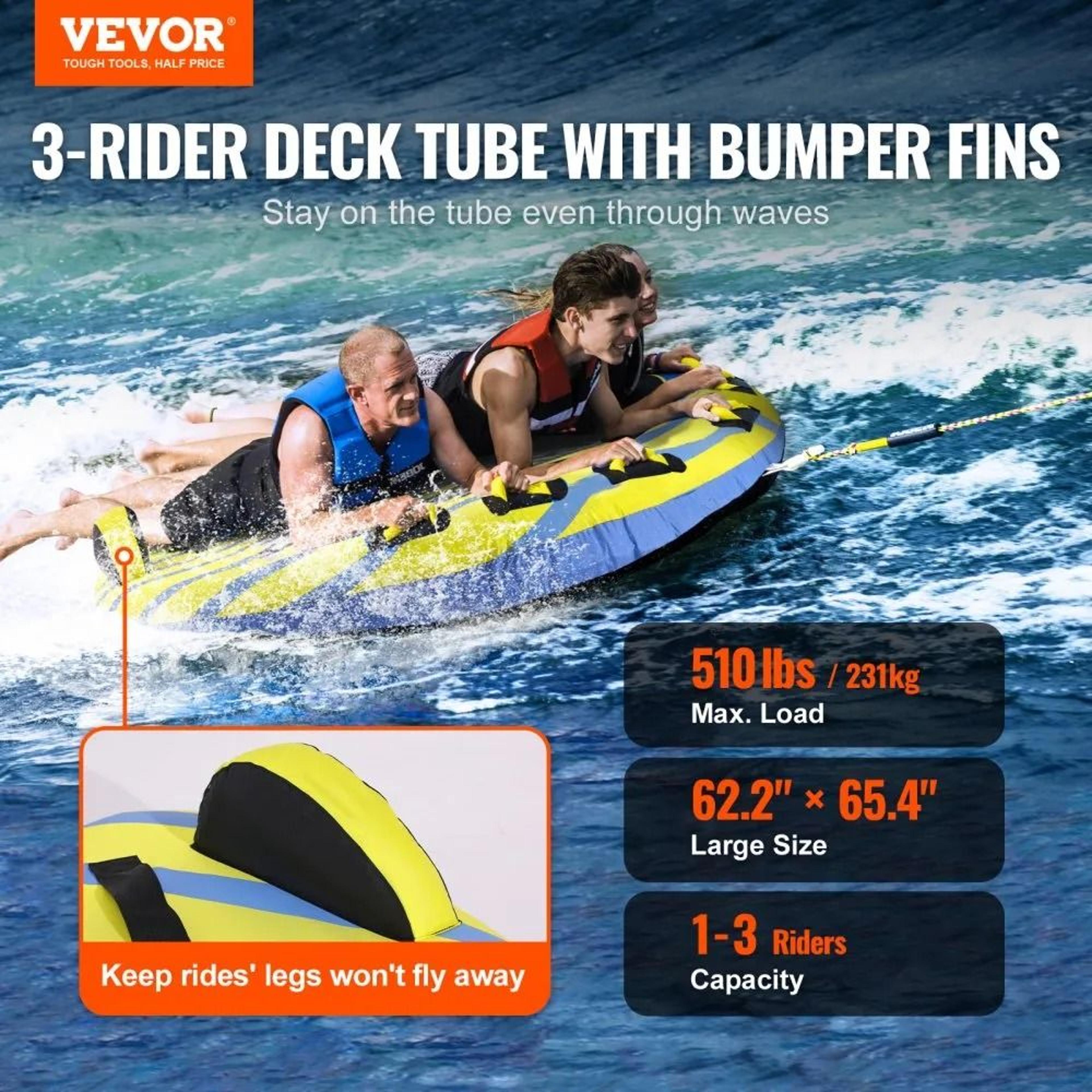 3 Person Inflatable Towable Tube For Boating With Safety Handles 1
