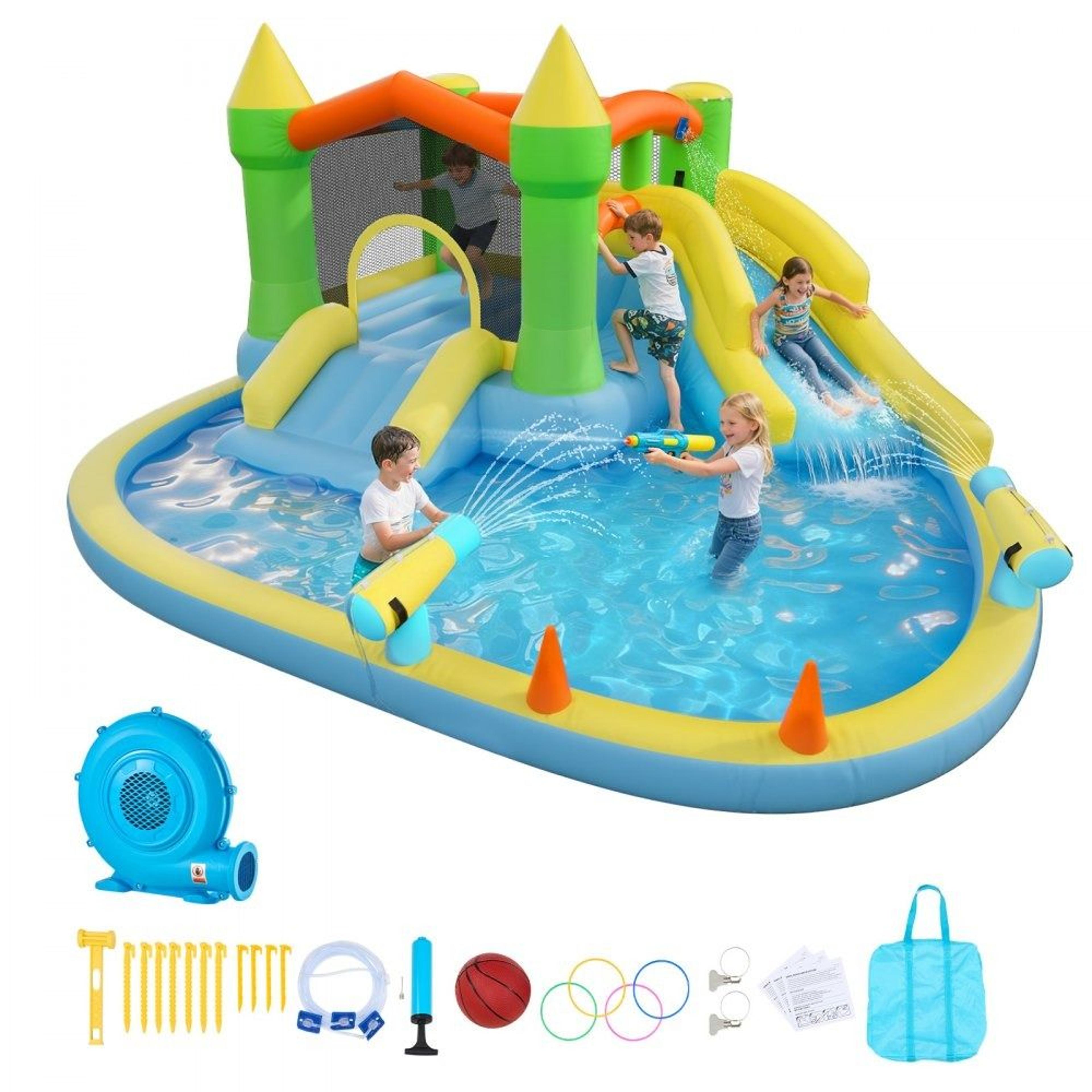 inflatable bounce house water slide castle with splash pool and basketball hoop