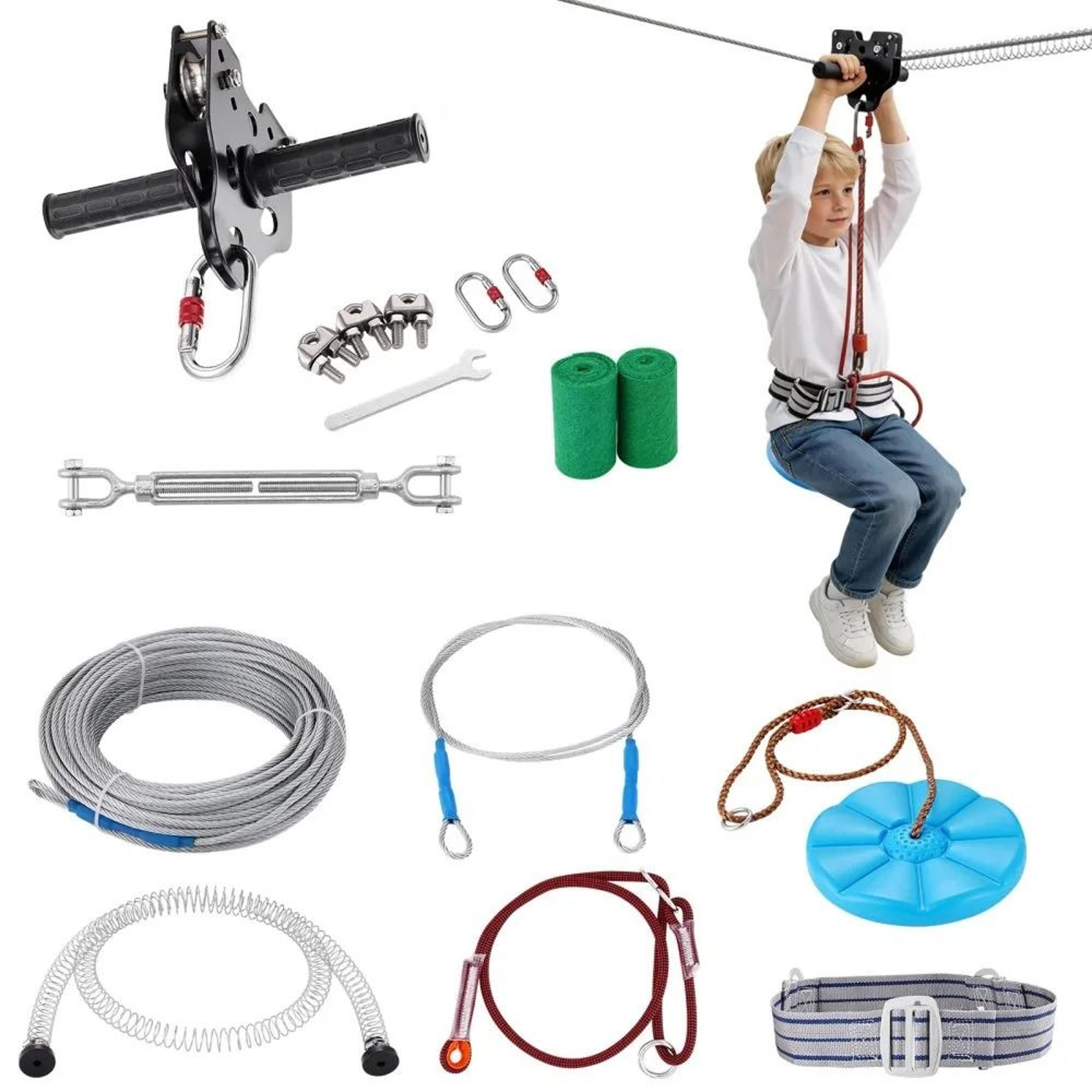 120 ft backyard zipline kit with spring brake, harness and seat
