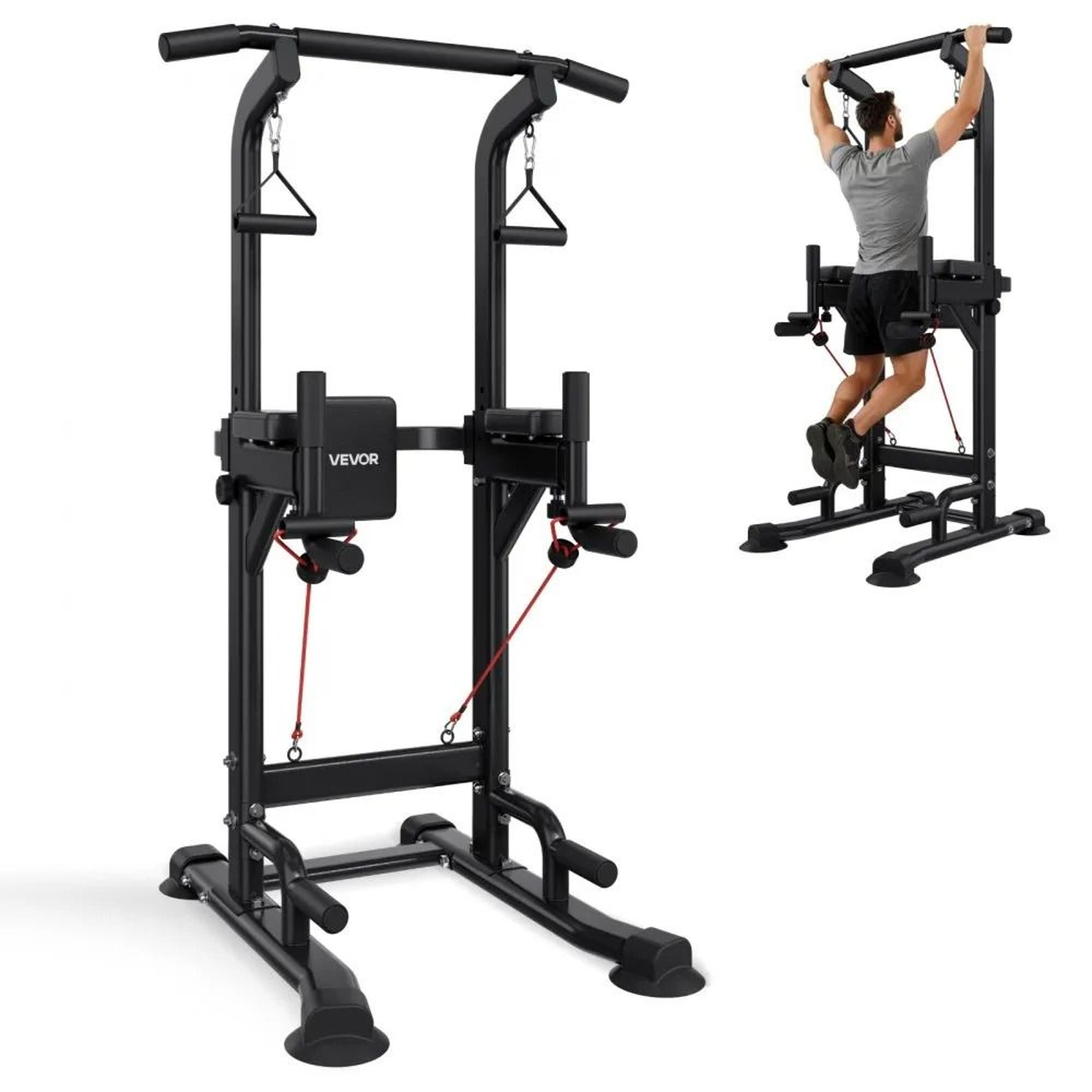 adjustable power tower dip station with pull up bar and back support