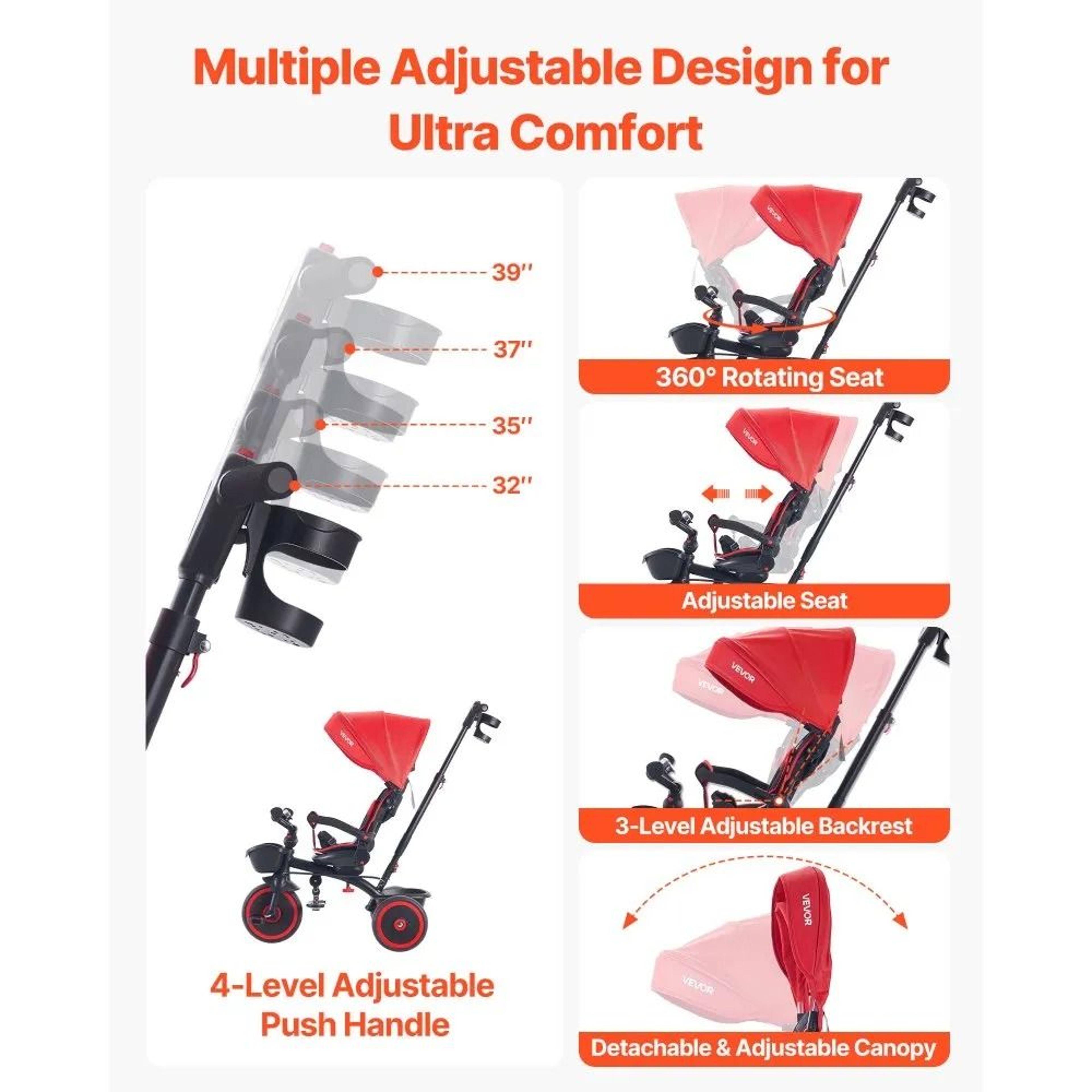 6 In 1 Toddler Tricycle Stroller With Push Handle Adjustable Seat And Canopy 3