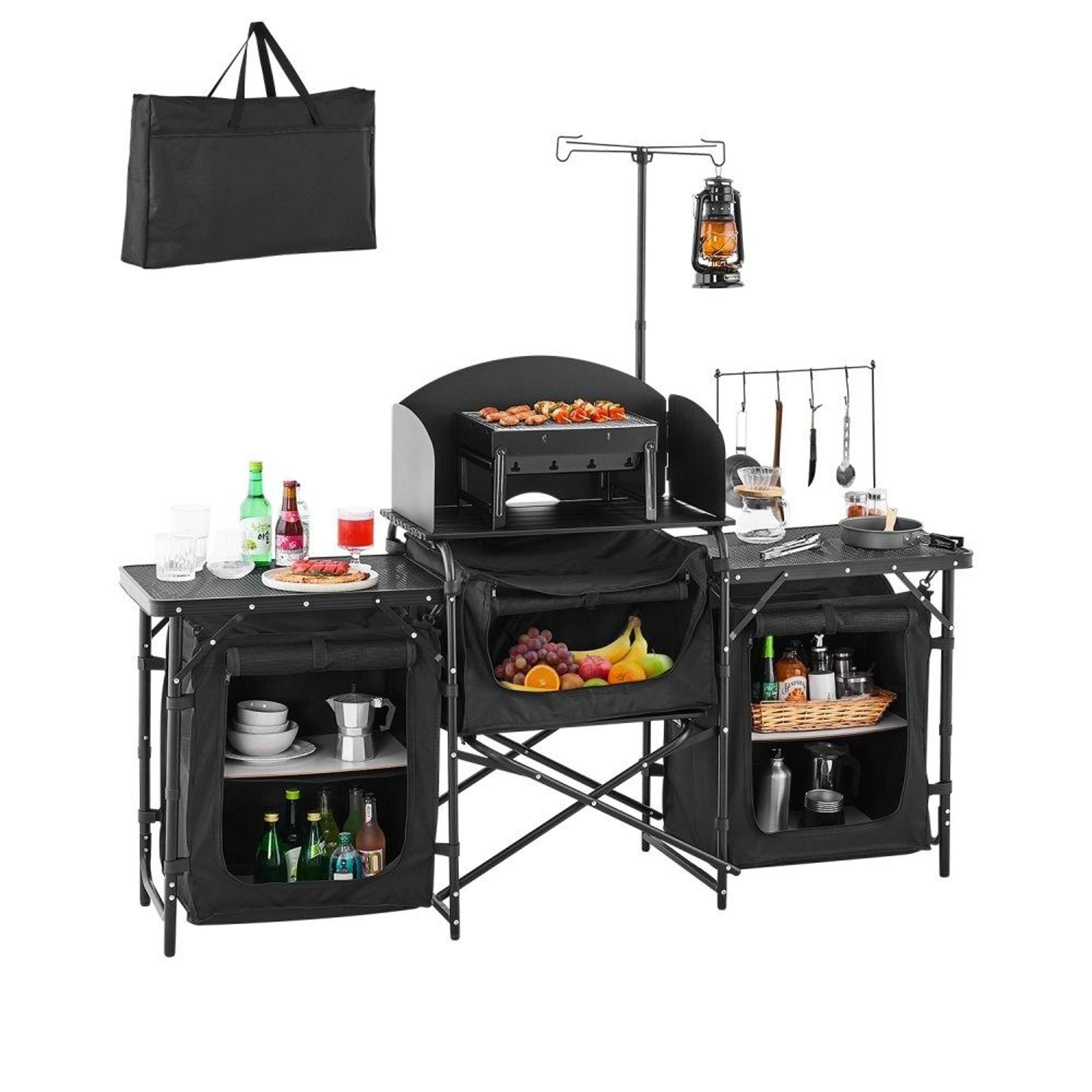 portable camping kitchen table outdoor cook station with storage cupboards and windscreen