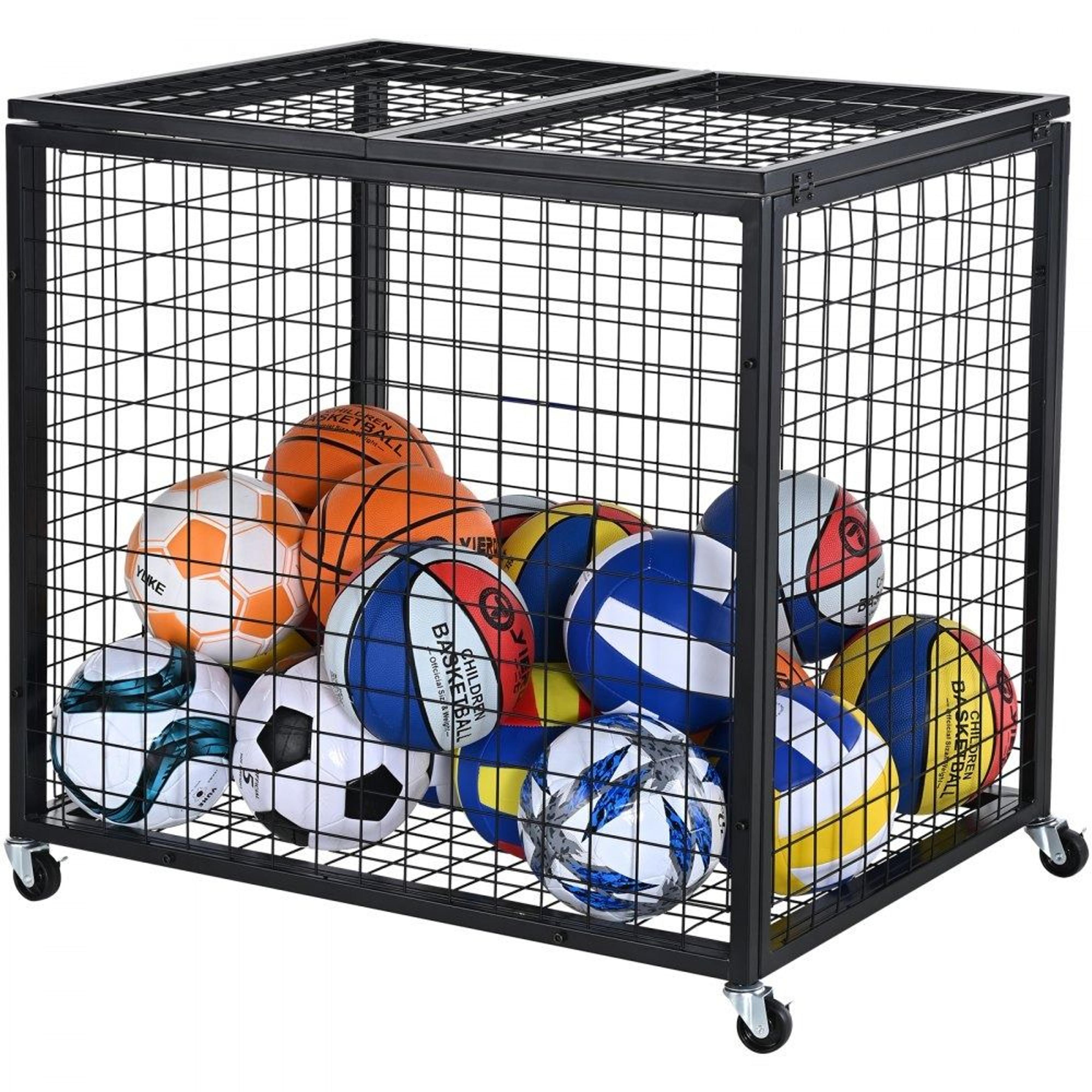 rolling sports ball storage cart with lockable steel cage organizer