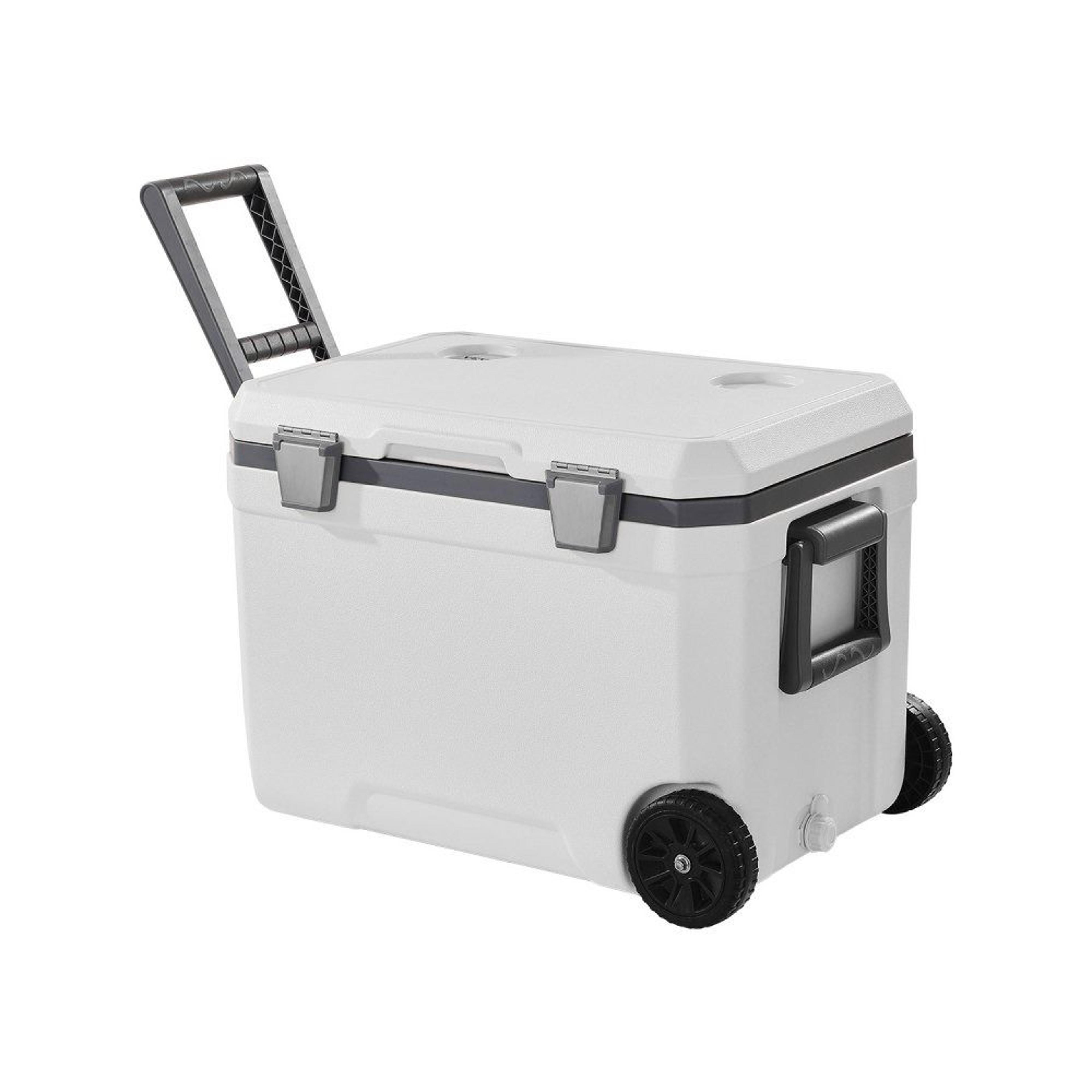 45 qt wheeled portable cooler with ice retention and 64 can capacity