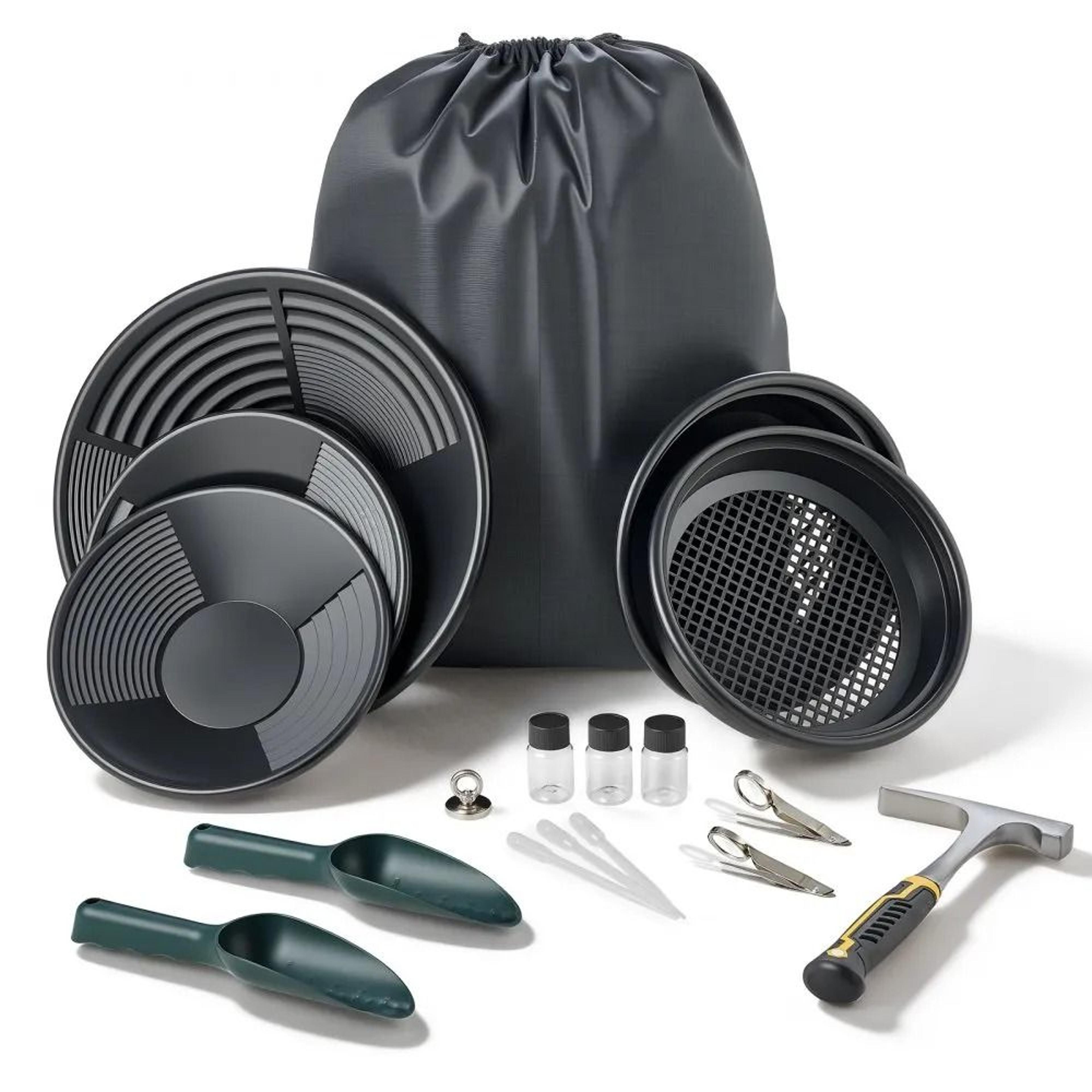 gold panning kit 19 piece portable gold prospecting equipment set with pans and backpack