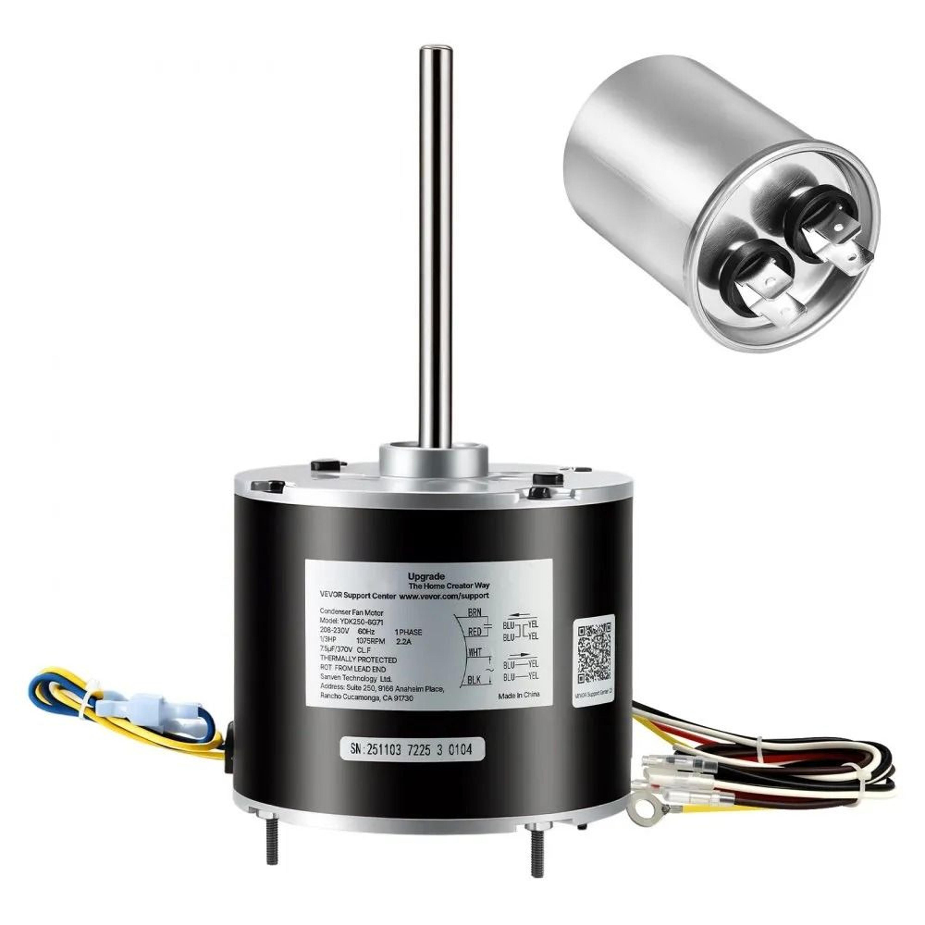 1/3hp condenser fan motor with capacitor, 1075 rpm 208-230v hvac ac replacement motor