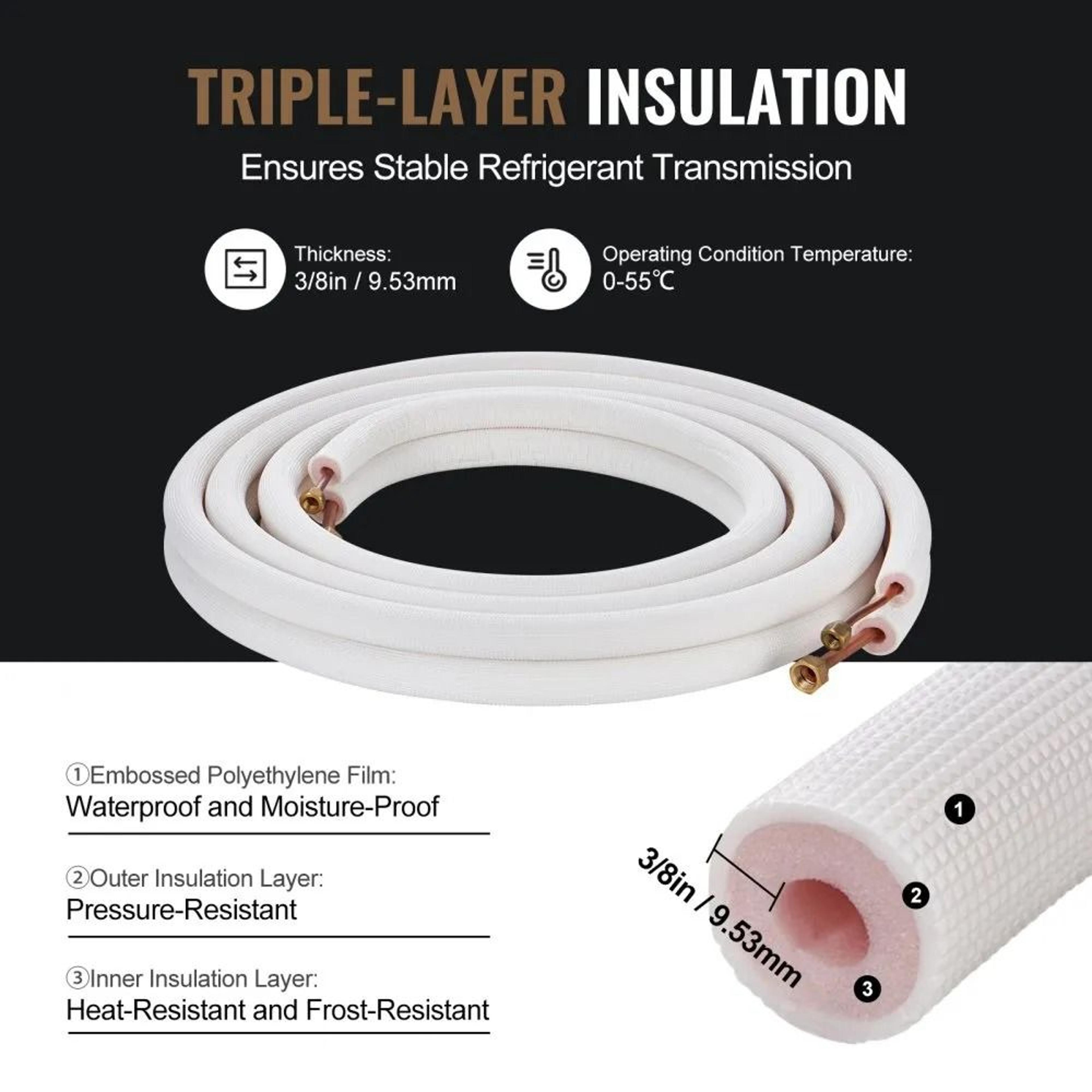 16FT Mini Split Line Set 14 38 Copper Tubing HVAC Kit With Triple Insulation 3