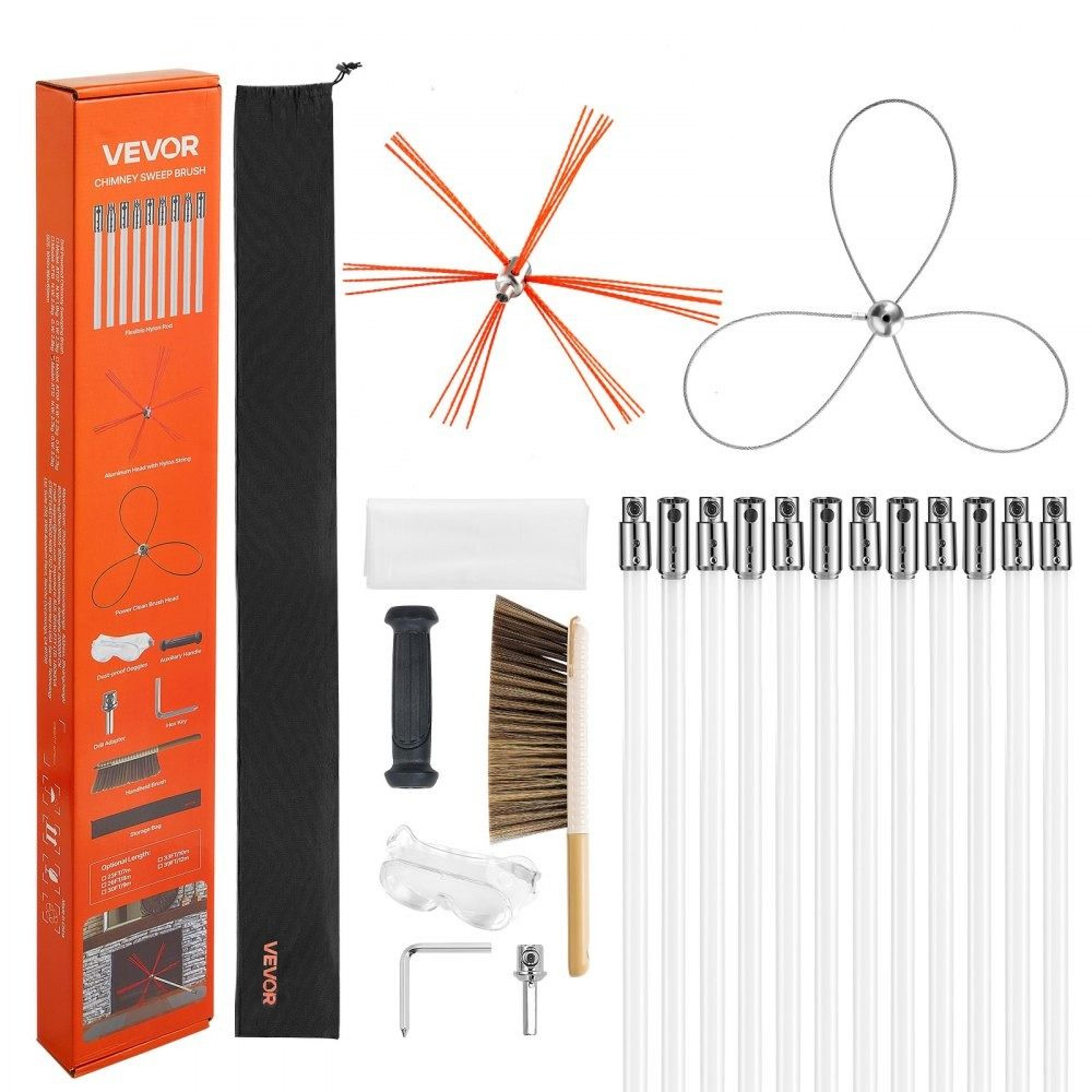 39ft chimney sweep kit with dual brush heads flexible rods and fireplace cleaner tool