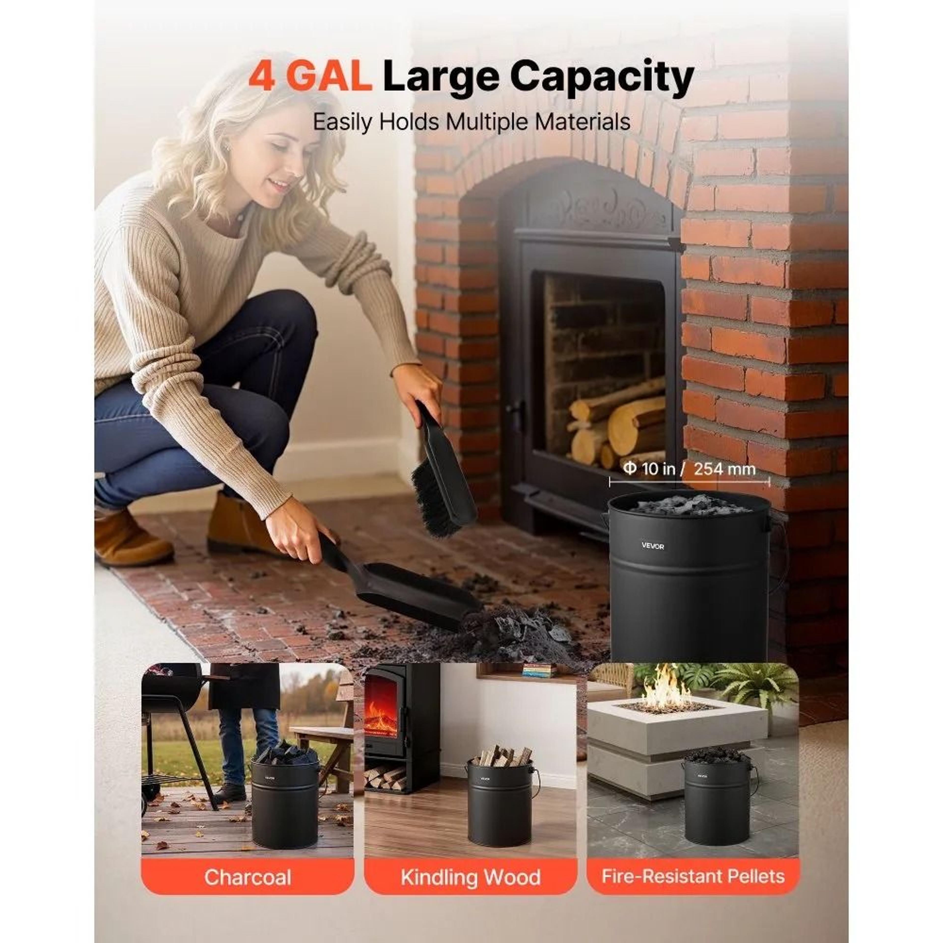 Fireplace Ash Bucket Set With Lid Shovel Brush And Gloves 4 GAL Metal Ash Can 1