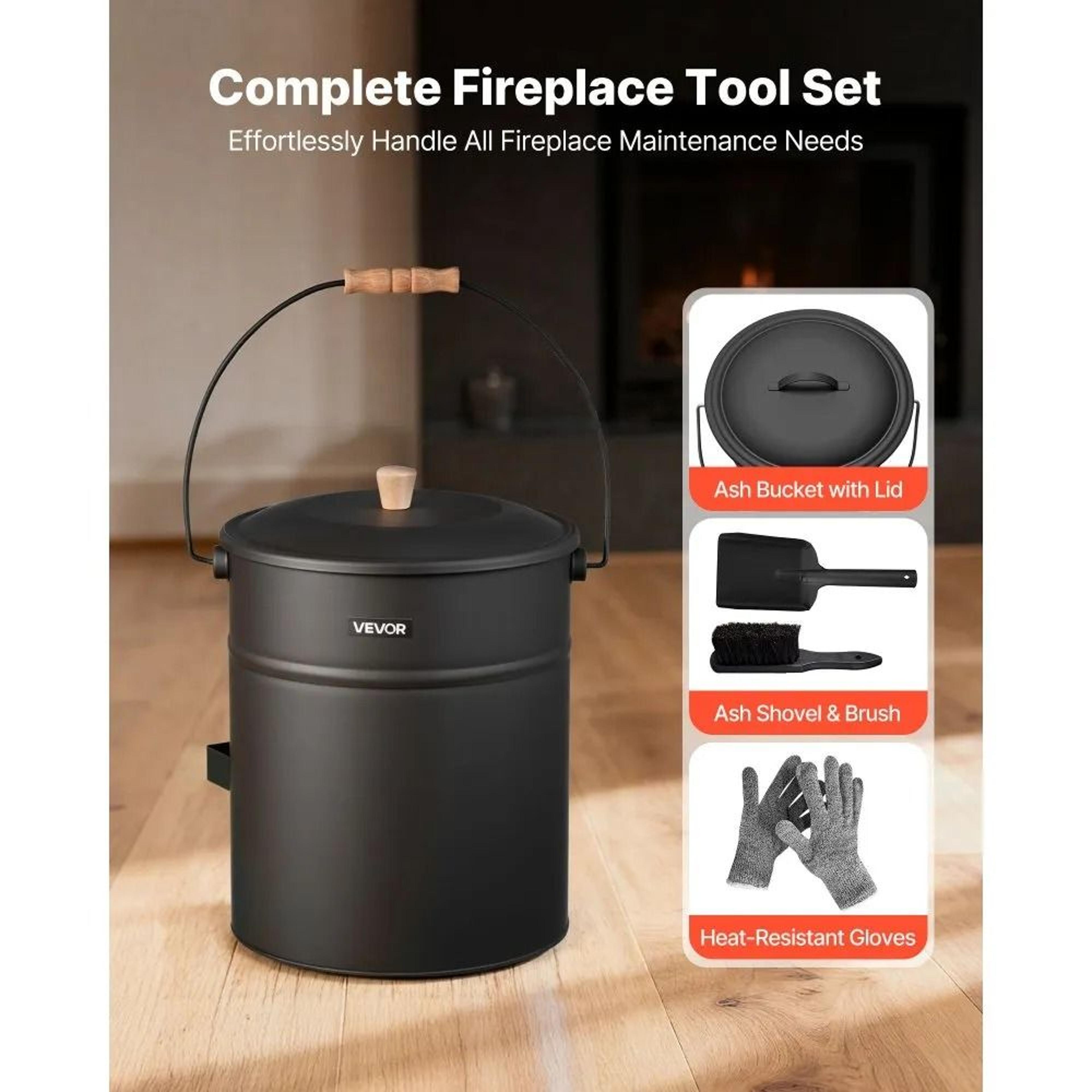 Fireplace Ash Bucket Set With Lid Shovel Brush And Gloves 4 GAL Metal Ash Can 2