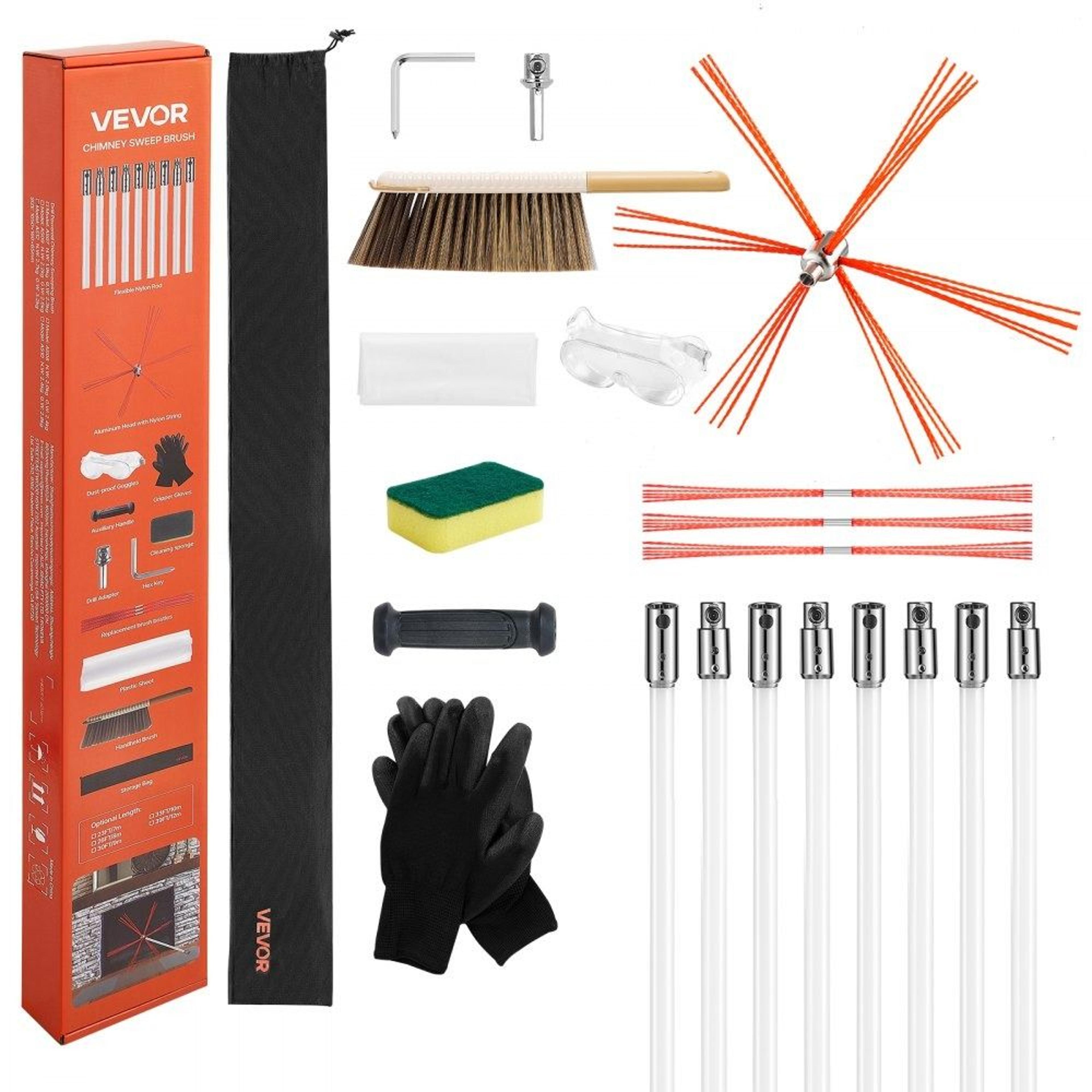 26ft chimney sweep kit with flexible brush rods and safety accessories