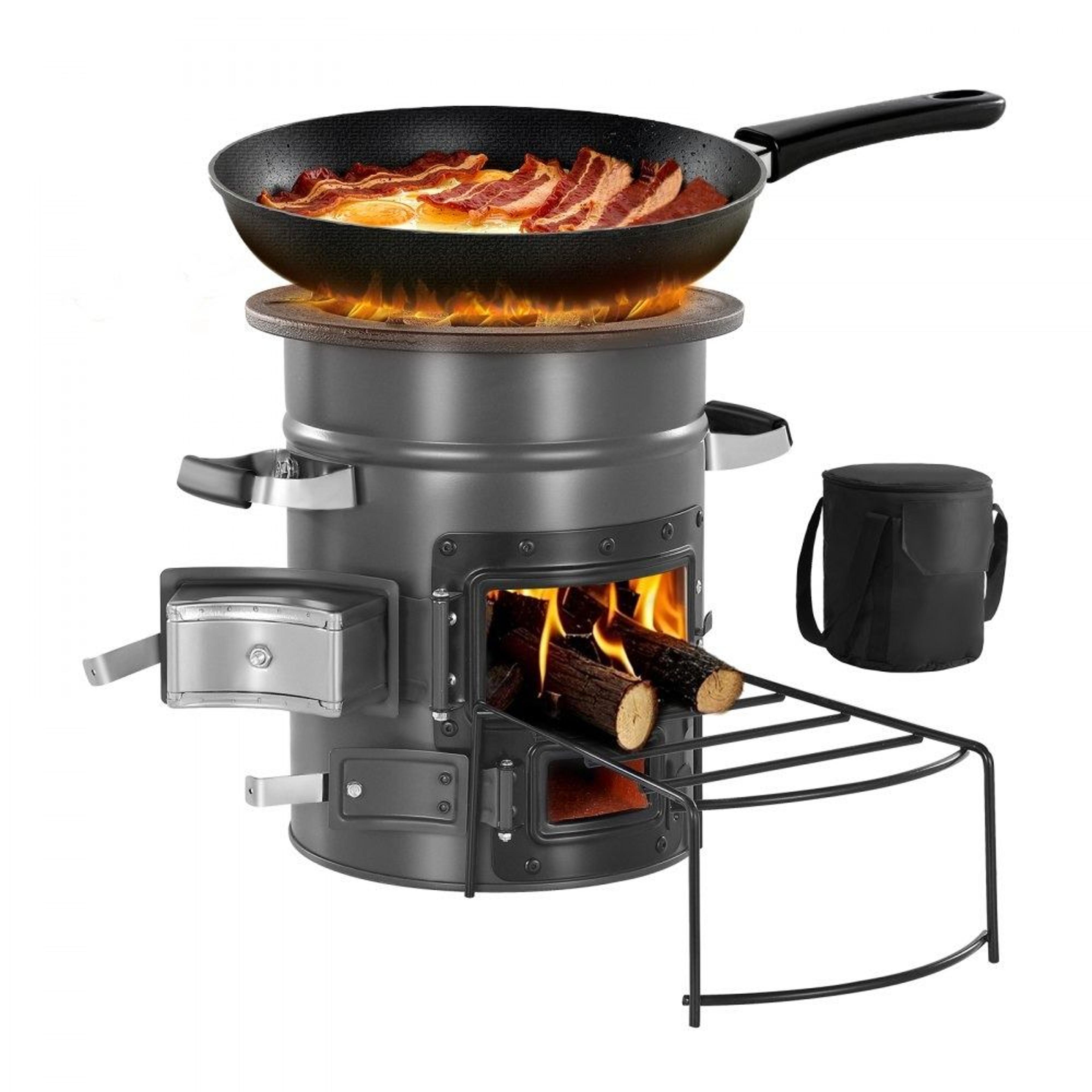 portable camping rocket stove with double door, wood burning outdoor cooking stove with carry bag