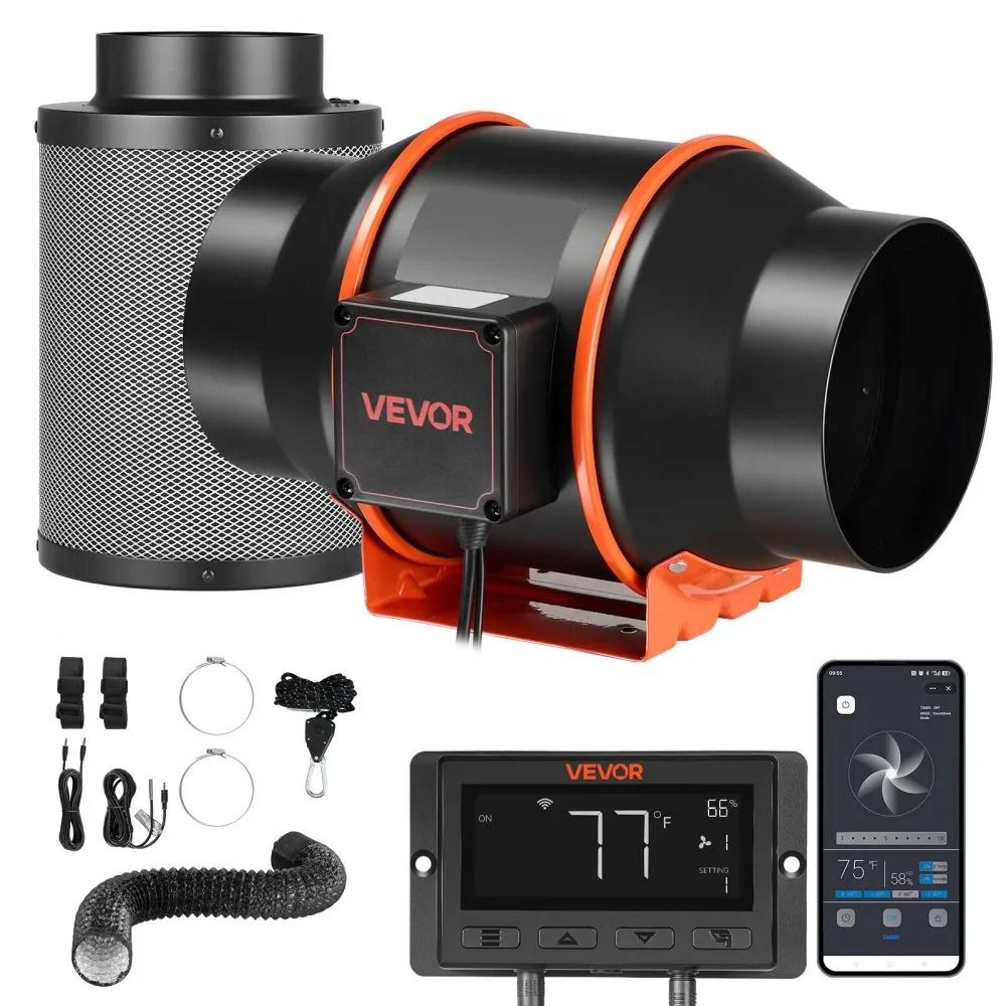 6 inch smart inline duct fan kit with carbon filter, 402 cfm ec ventilation fan for grow tents & hydroponics