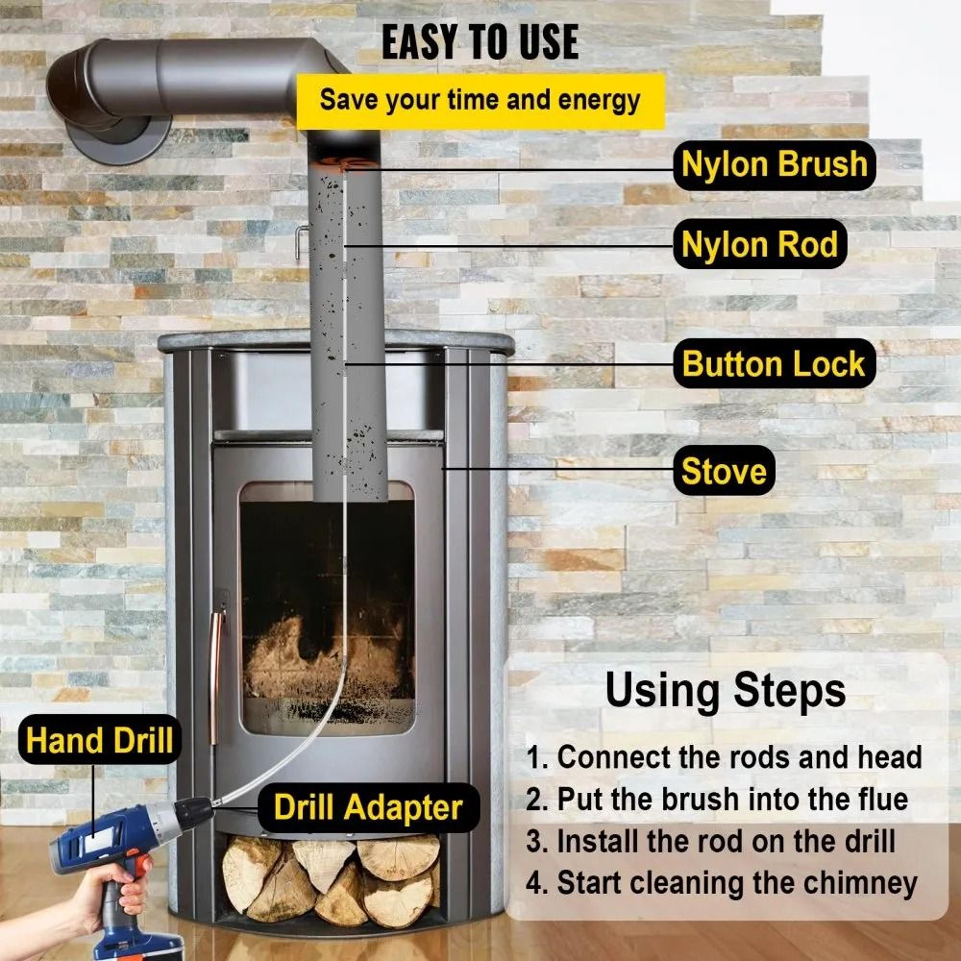23FT Rotary Chimney Sweep Kit With 7 Flexible Nylon Rods  Drill Adapter For Fireplace Flue Cleaning 1