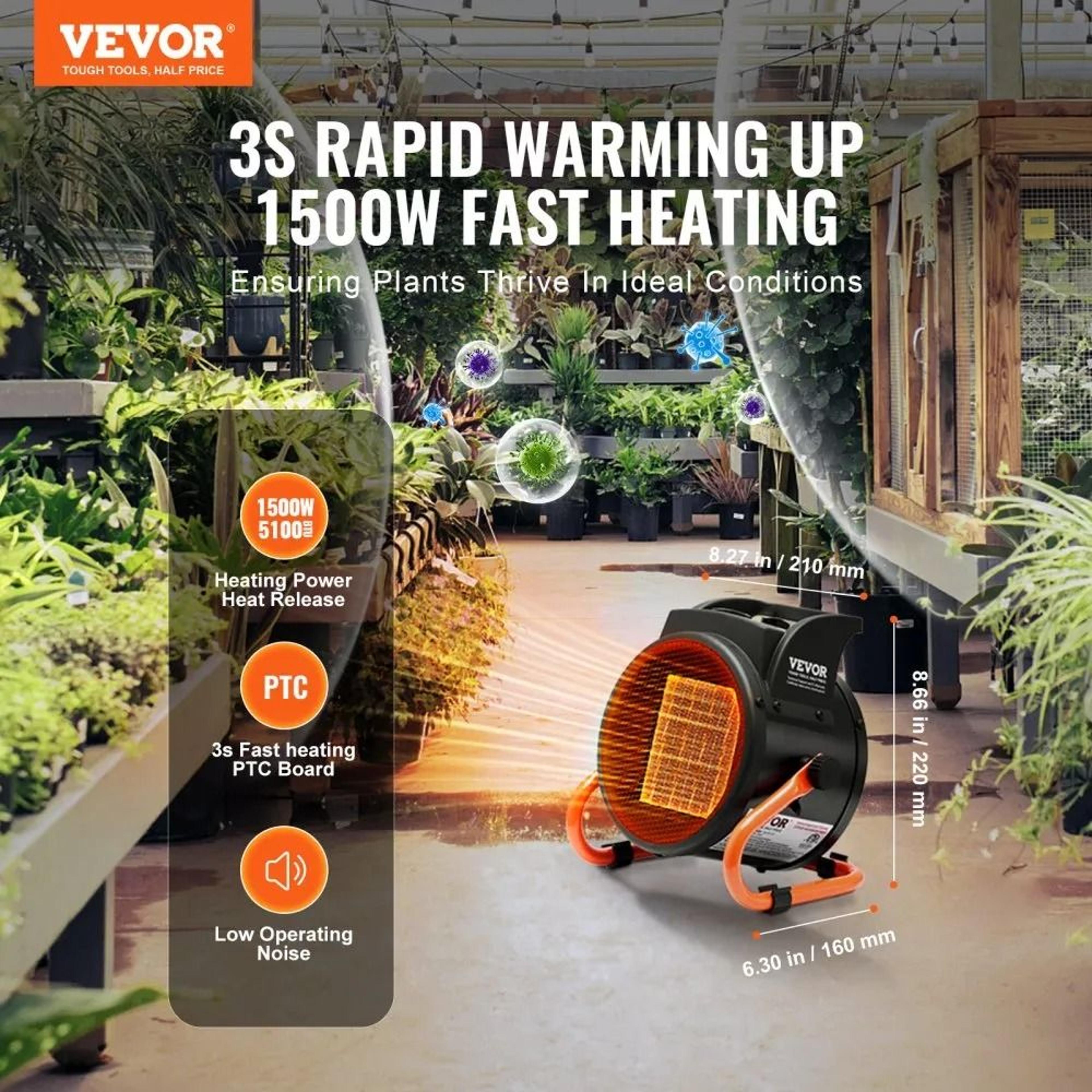 Greenhouse Heater 1500W PTC Heater Portable Grow Tent Heater With 3 Heat Modes 1