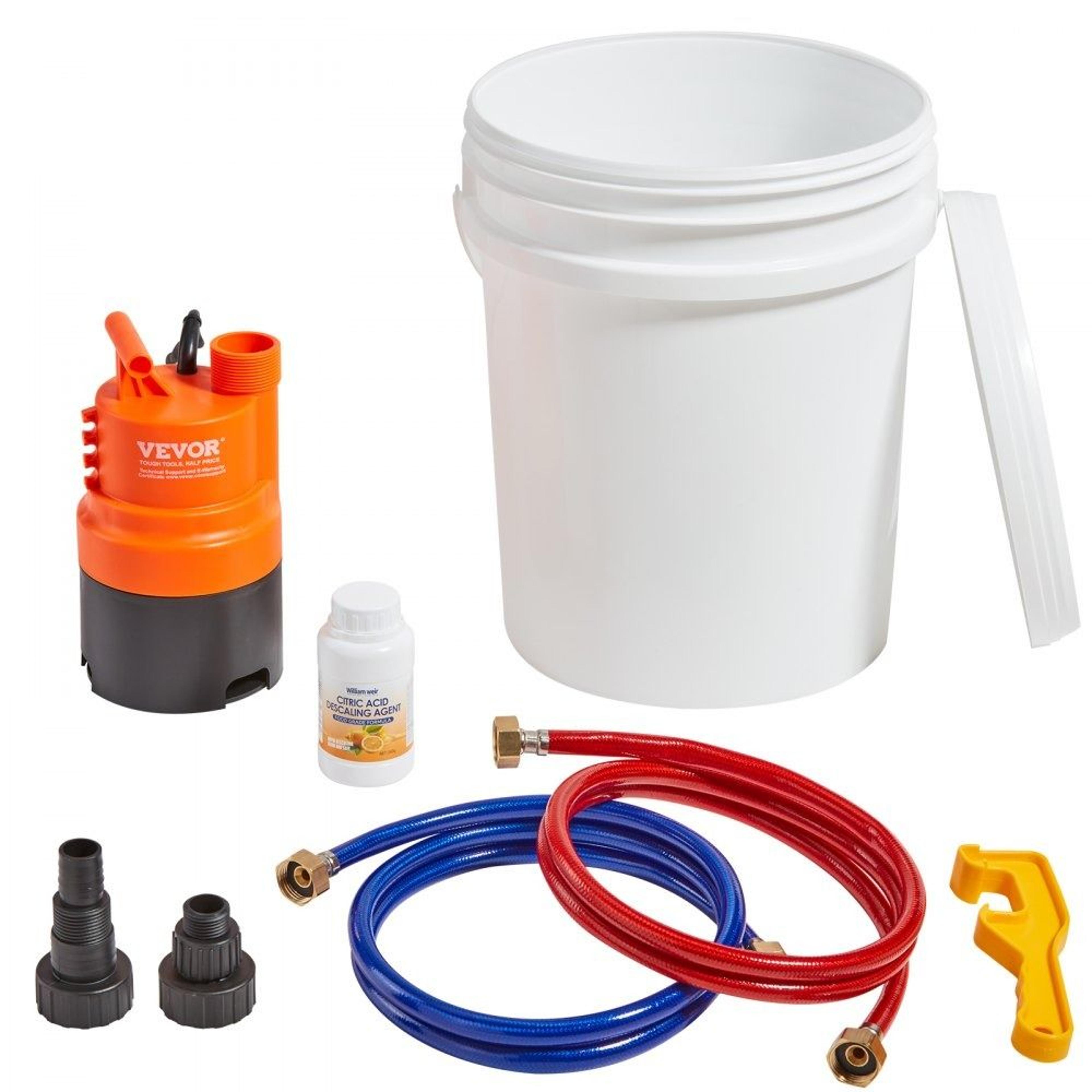 tankless water heater flush kit with pump, 5 gallon bucket and descaling accessories