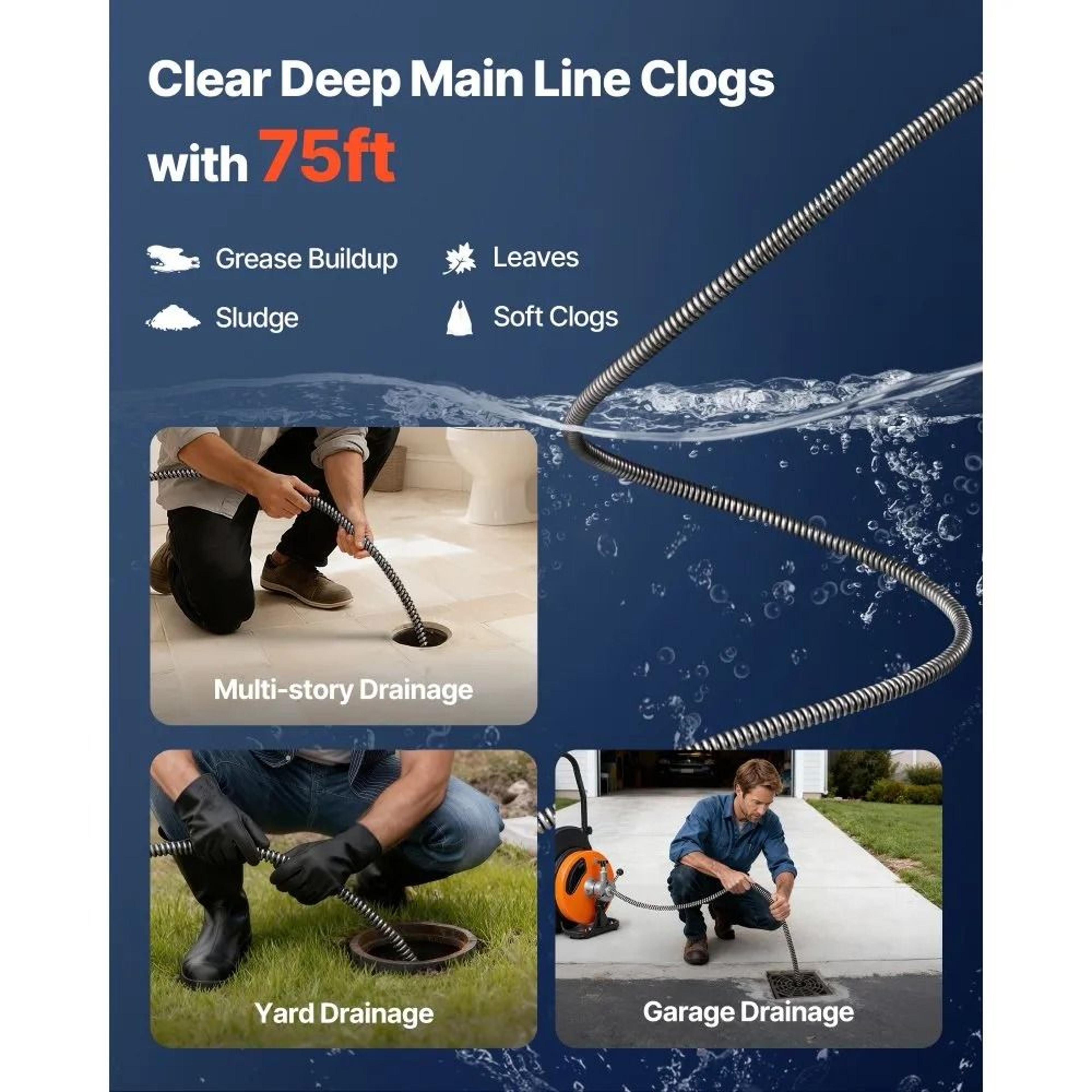 75 Ft X 12 Inch Drain Cleaning Cable Solid Core Sewer Auger Snake For 2 To 4 Inch Pipes 4