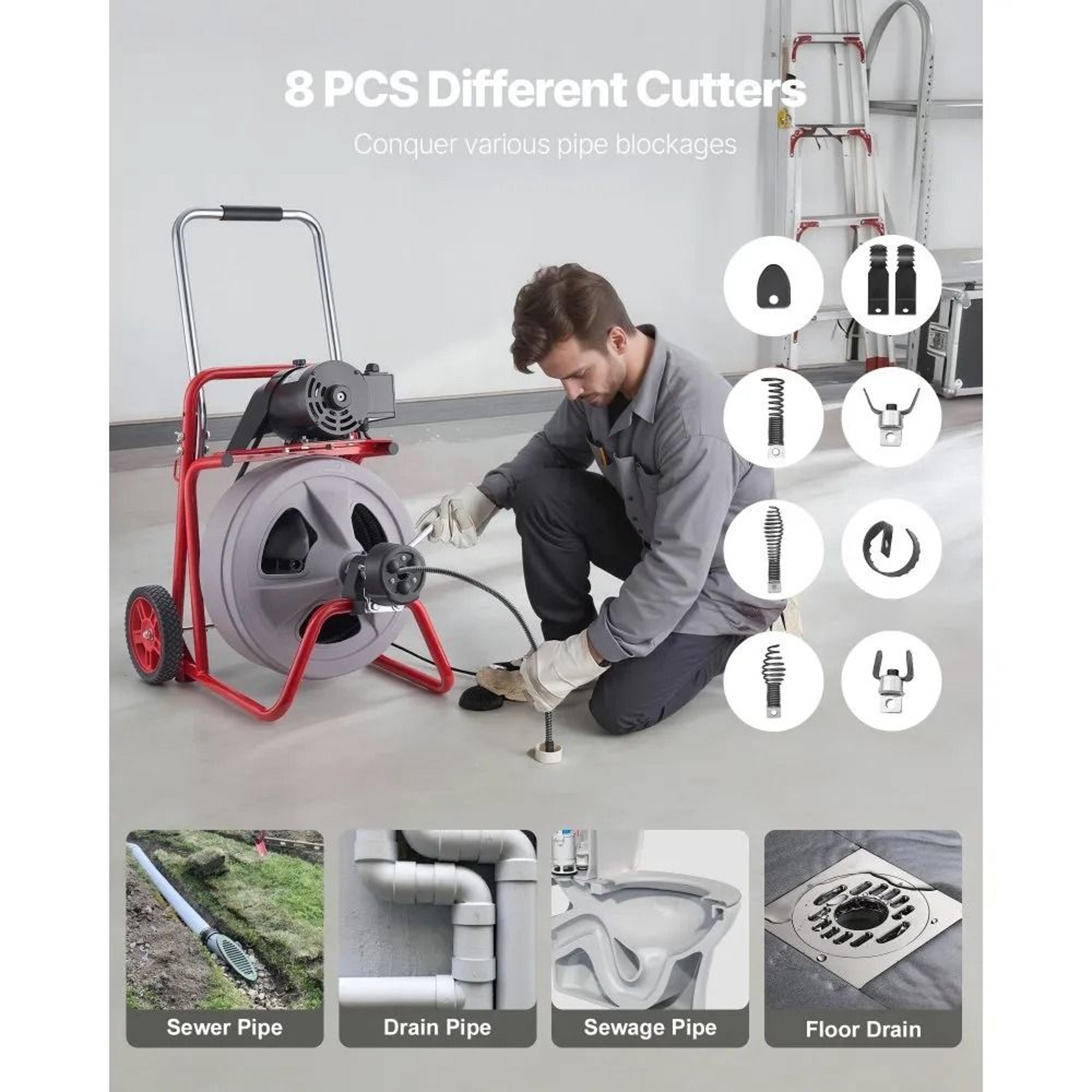 75 FT Drain Cleaner Machine Auto Feed Sewer Snake Auger With 8 Cutters 3