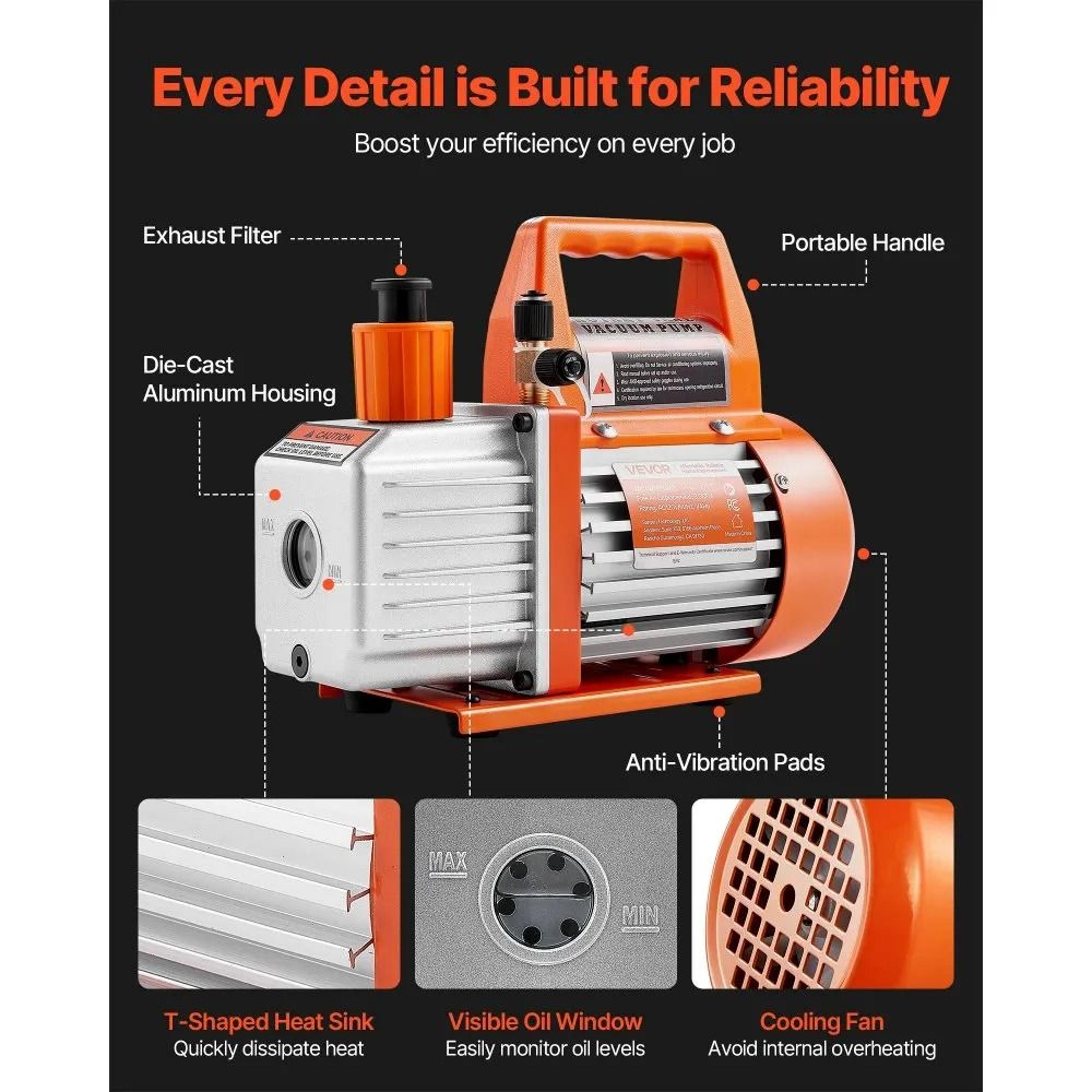 35 CFM HVAC Vacuum Pump Single Stage Rotary Vane AC Pump With Oil For R134a R22 R410a Systems 2
