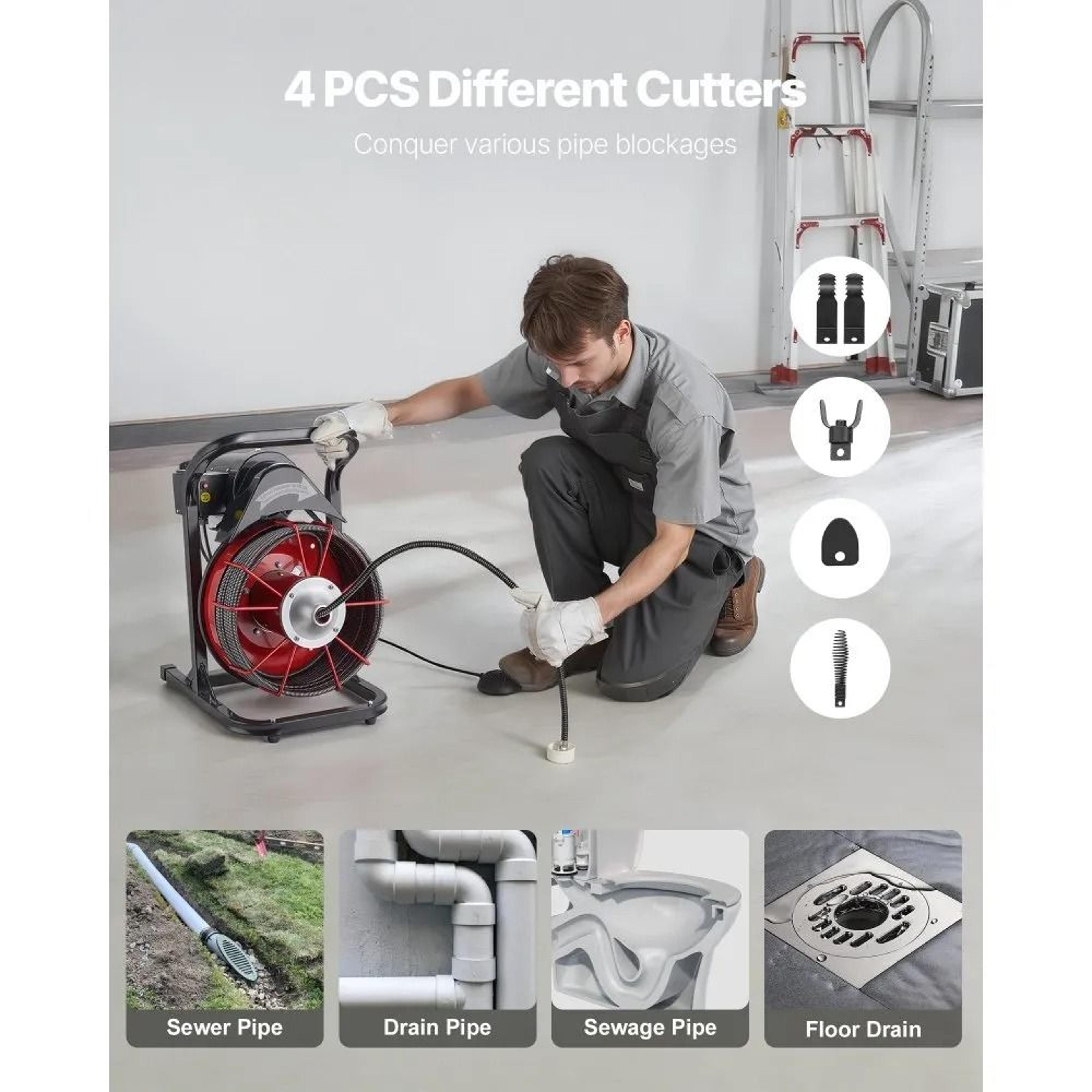 Drain Cleaner Machine 75 FT Sewer Snake Auger With Cutters For 2 To 4 Inch Pipes 3