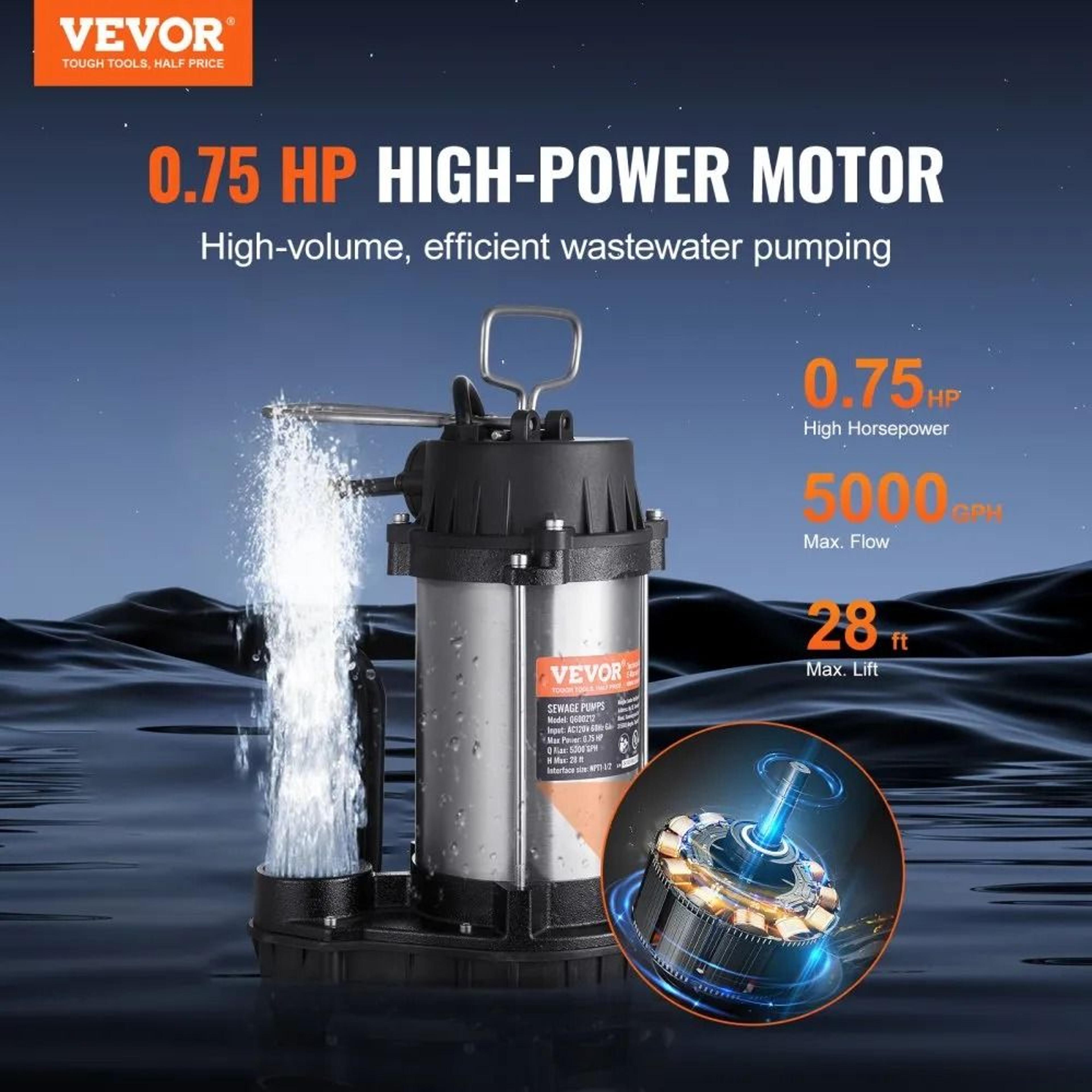 075HP Submersible Sewage Pump 5000 GPH Automatic Drainage Pump With 28 Ft Lift 5