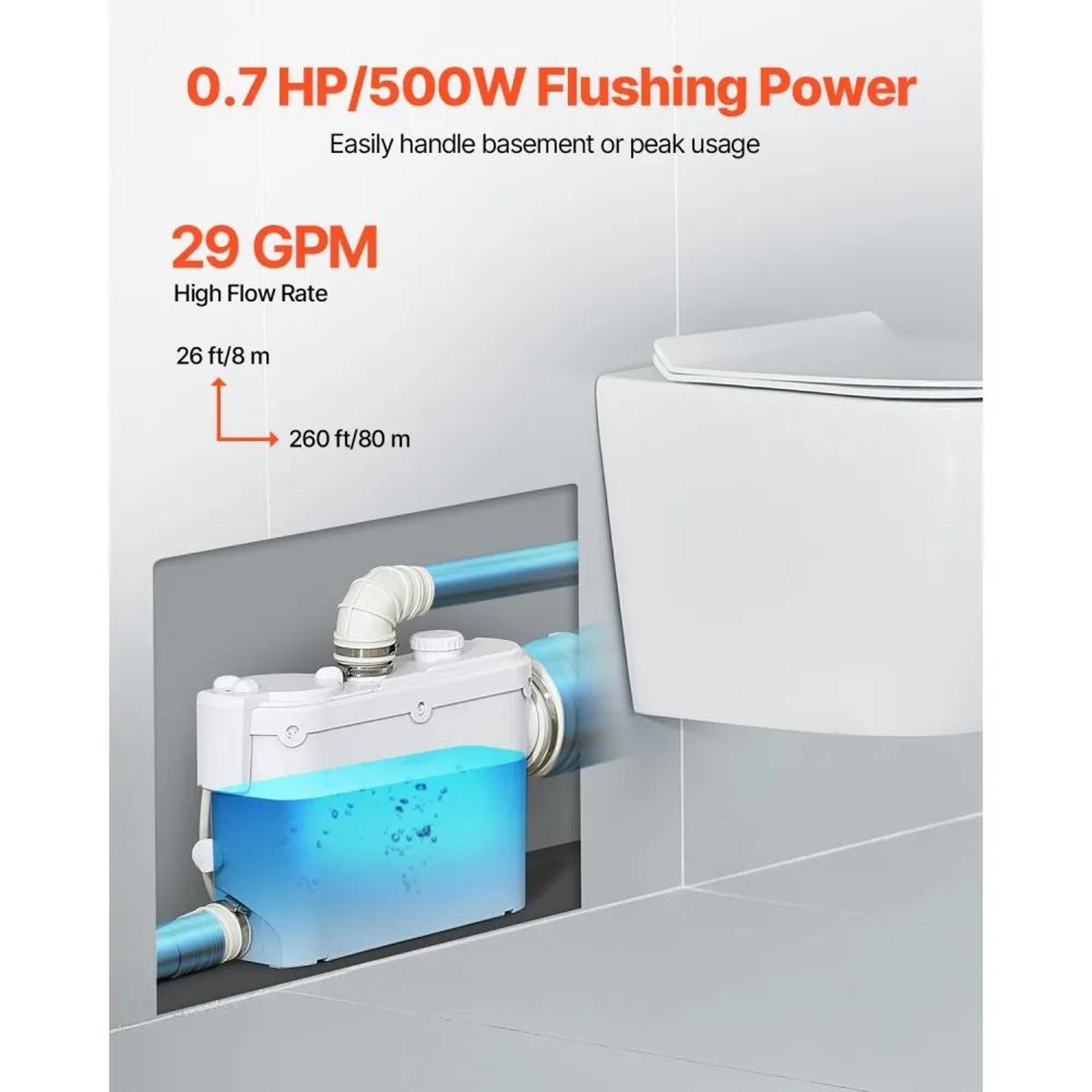 500W Macerator Pump 29 GPM Wastewater Disposal Pump With 26 Ft Lift For Toilet Sink Shower 2