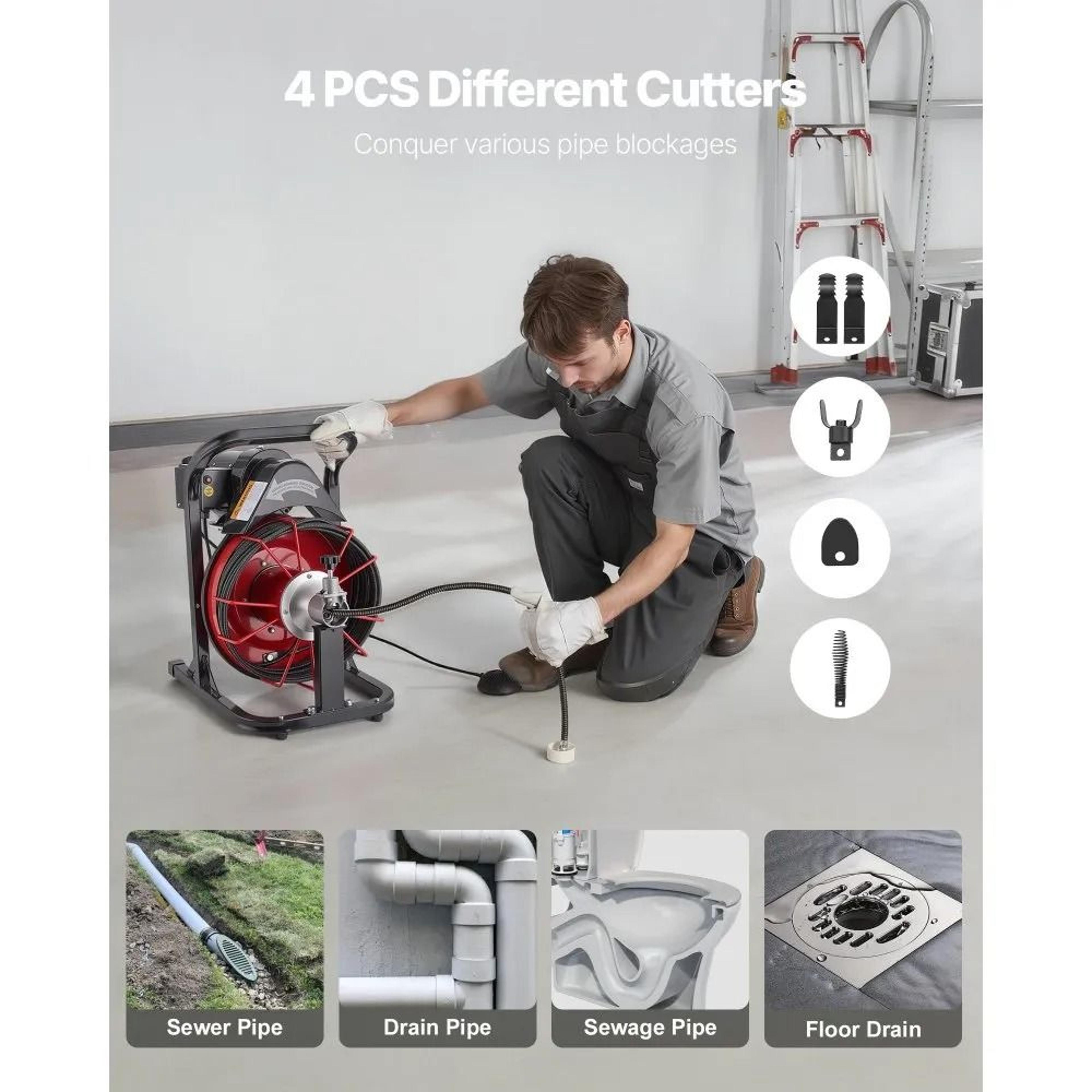 Drain Cleaner Machine 50FT Auto Feed Sewer Snake Auger With 4 Cutters For 2 To 4 Inch Pipes 4
