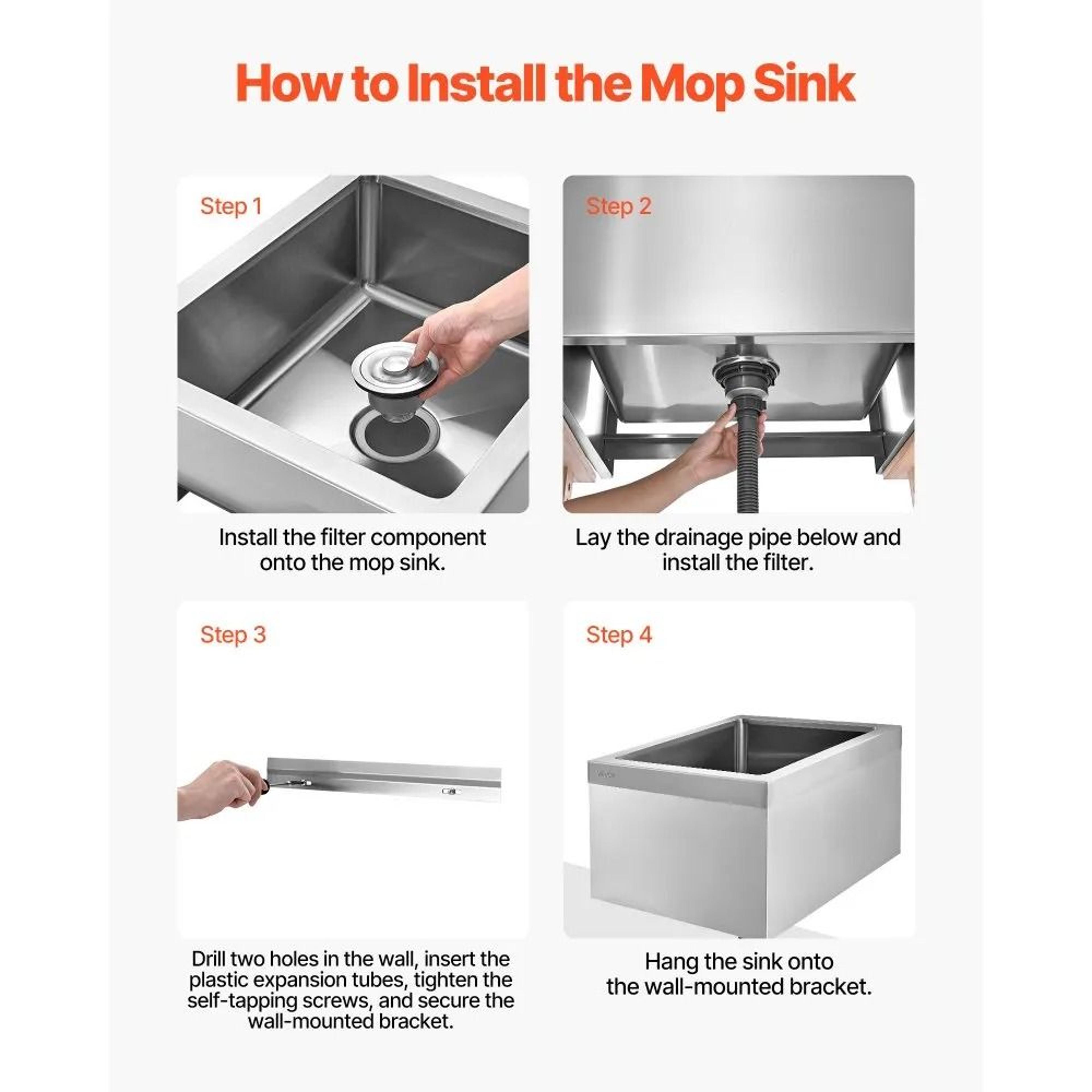 Stainless Steel Mop Sink 22x19x12 Inch Wall Mounted Utility Sink With 3 In 1 Drain Filter 3