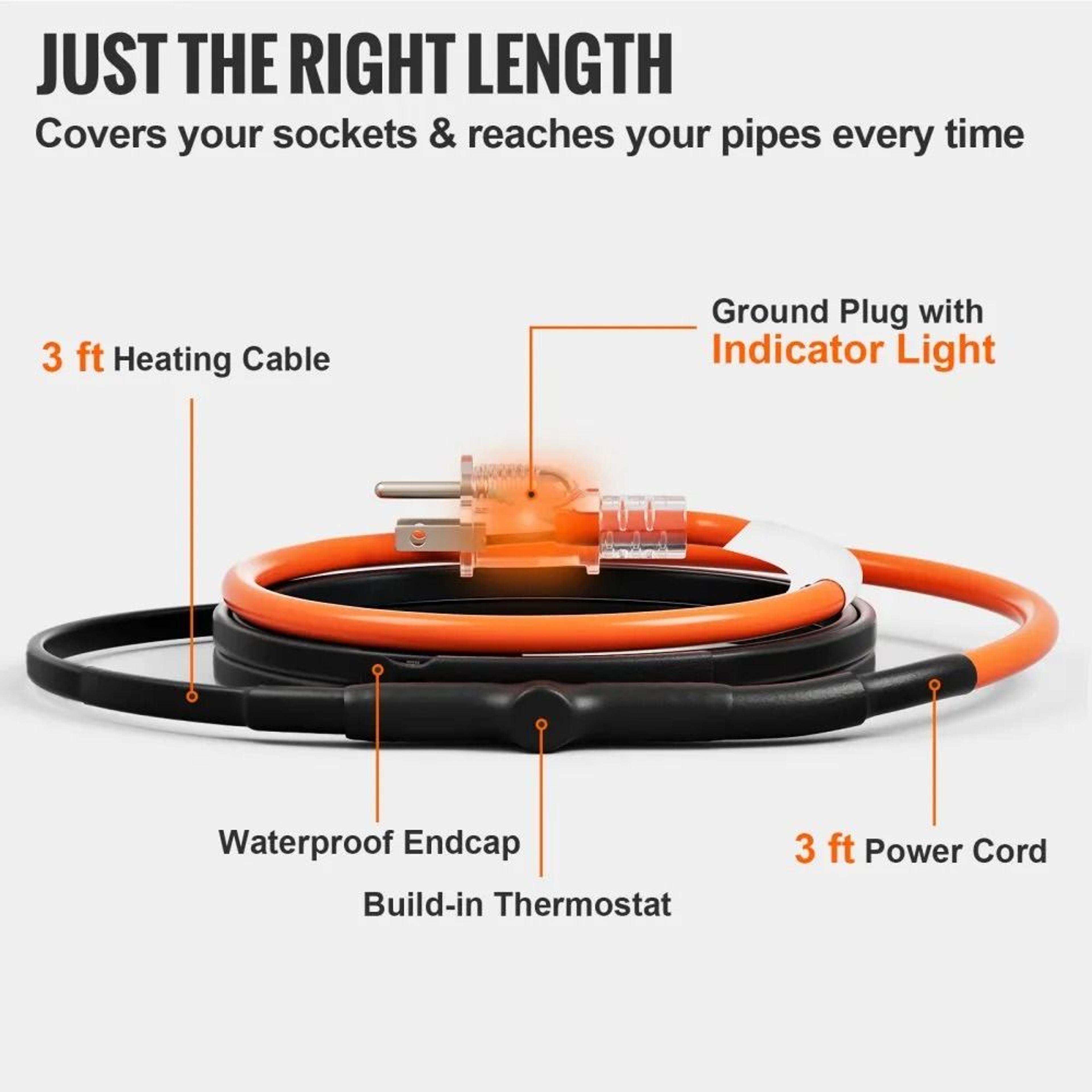 Self Regulating Pipe Heating Cable 3FT With Thermostat Freeze Protection 1